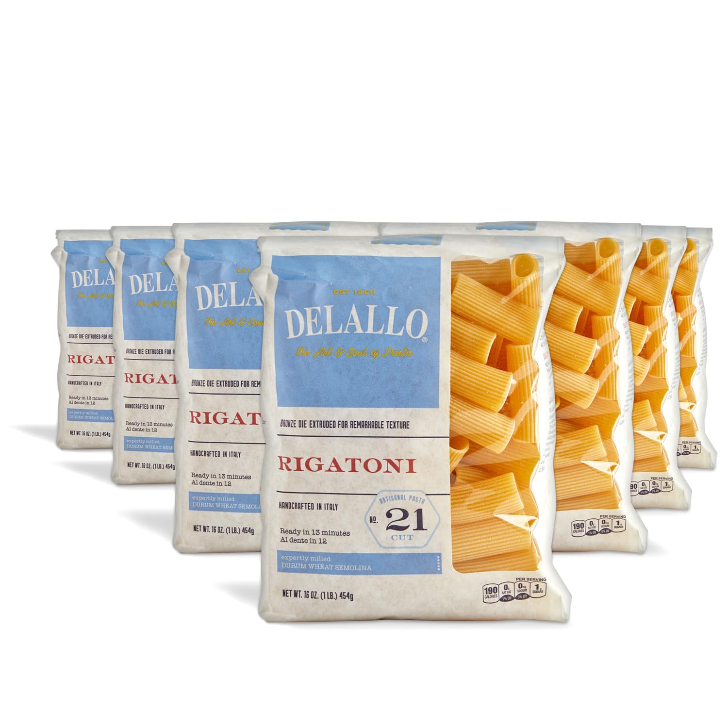 DeLallo Rigatoni Pasta, 1 Pound Bag, 7 Pack, Made in Italy, Cooks in 13 Minutes, Made with Durum Wheat Semolina Flour, Al Dente Texture, Non-GMO