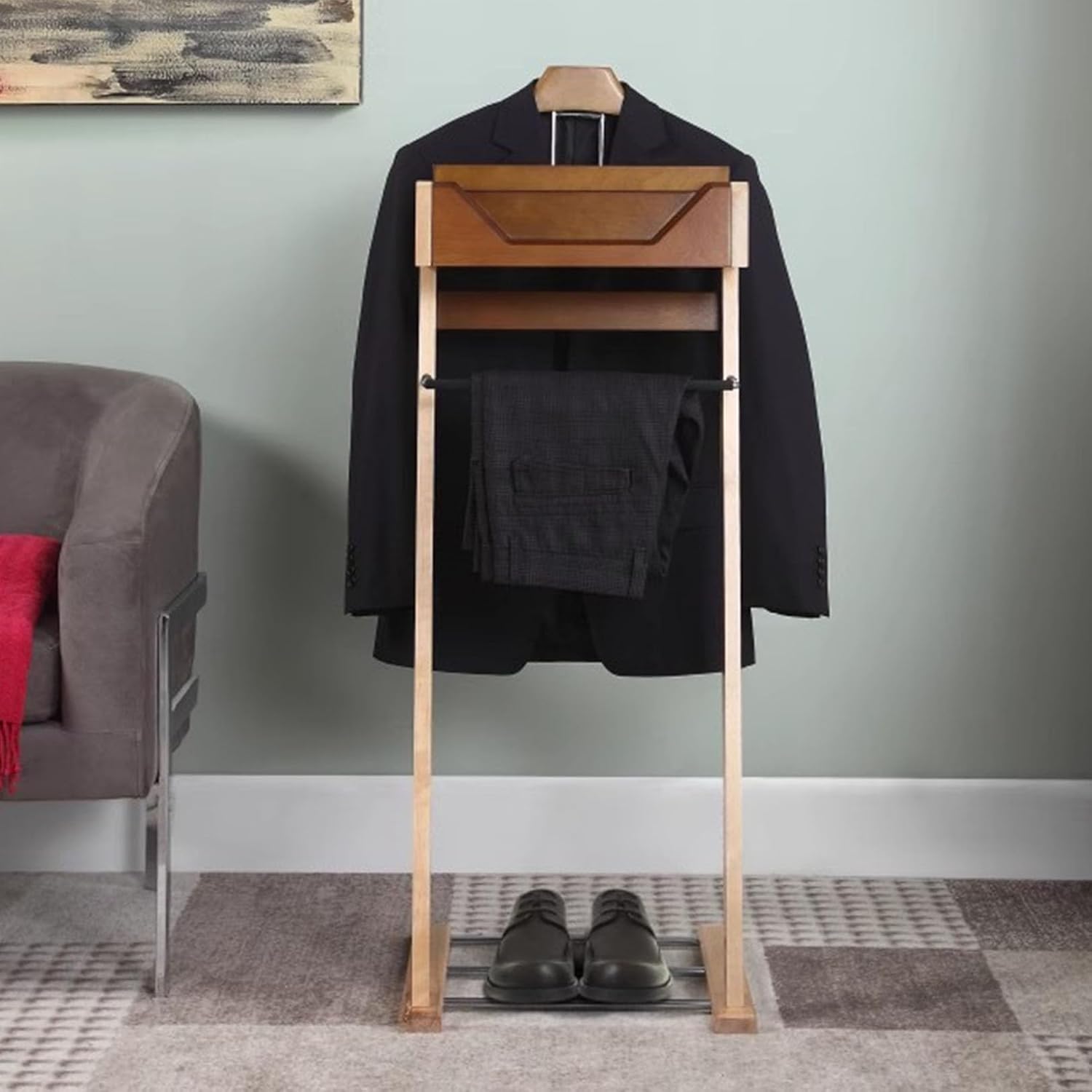 Suit Valet Stand for Men Wooden Clothes Hanger with Shoe Rack and Storage Tray Free Standing Bedroom Organizer Display
