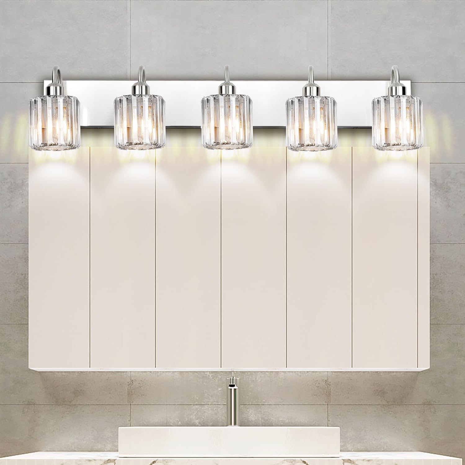 Brushed Nickel 5-Light Bathroom Vanity Light Fixture Over Mirror