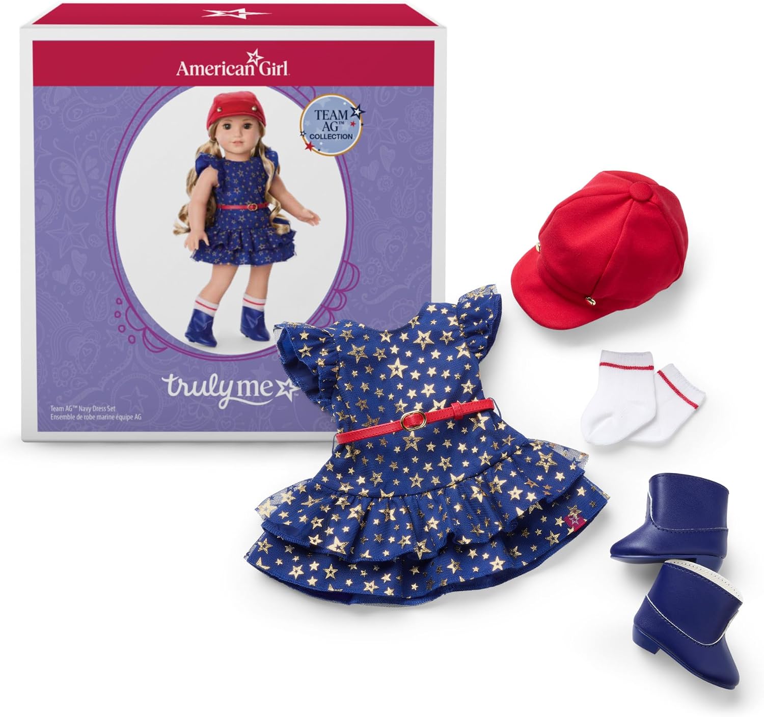 American Girl Team AG Navy Dress Set 18 inch Doll Clothes with Hat and Boots, Red, White, and Blue, 5 pcs, Ages 6+