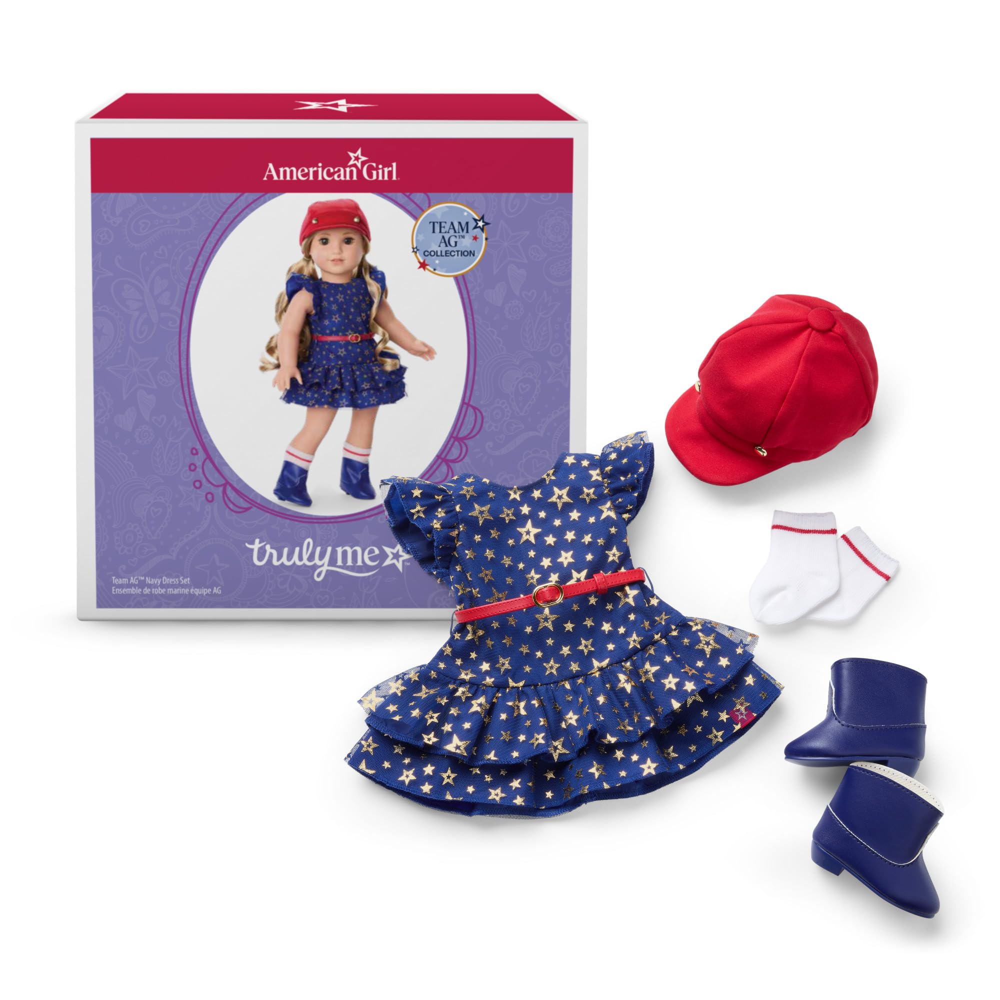 American Girl Team AG Granatowy zestaw sukienek 45 cm, ubrania dla lalek z kapeluszem i butami, czerwony, biały i niebieski, 5 szt., wiek od 6 lat