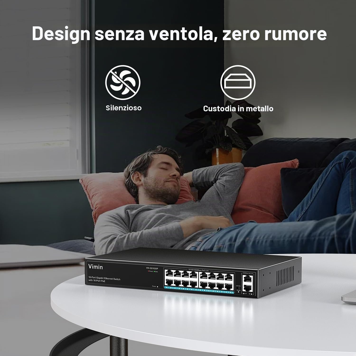 VIMIN Switch Poe Gigabit a 16 Porte con 2 Porta di Collegamento Gigabit, Switch Ethernet Poe Non Gestito a 18 Porte con Alimentazione di 250W, Supporto IEEE802.3af/at, VLAN, Involucro in Metallo