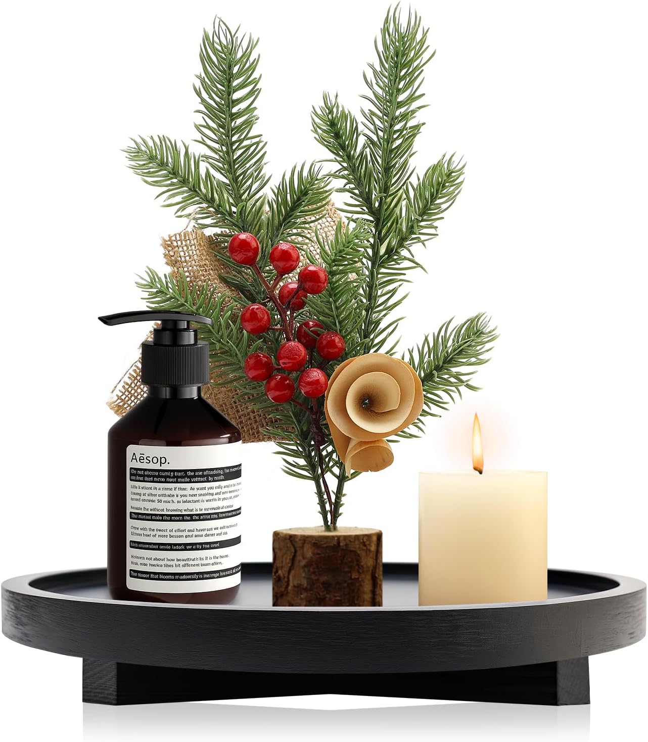 Renawe Black Round Wooden Decorative Tray - Handmade Pine Wood Riser for Kitchen Counter, Bathroom Vanity, Candles, Perfume, Soap & Rustic Home Decor (10 Inch)