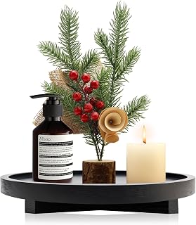 Renawe Black Round Wooden Decorative Tray - Handmade Pine Wood Riser for Kitchen Counter, Bathroom Vanity, Candles, Perfume, Soap & Rustic Home Decor (10 Inch)