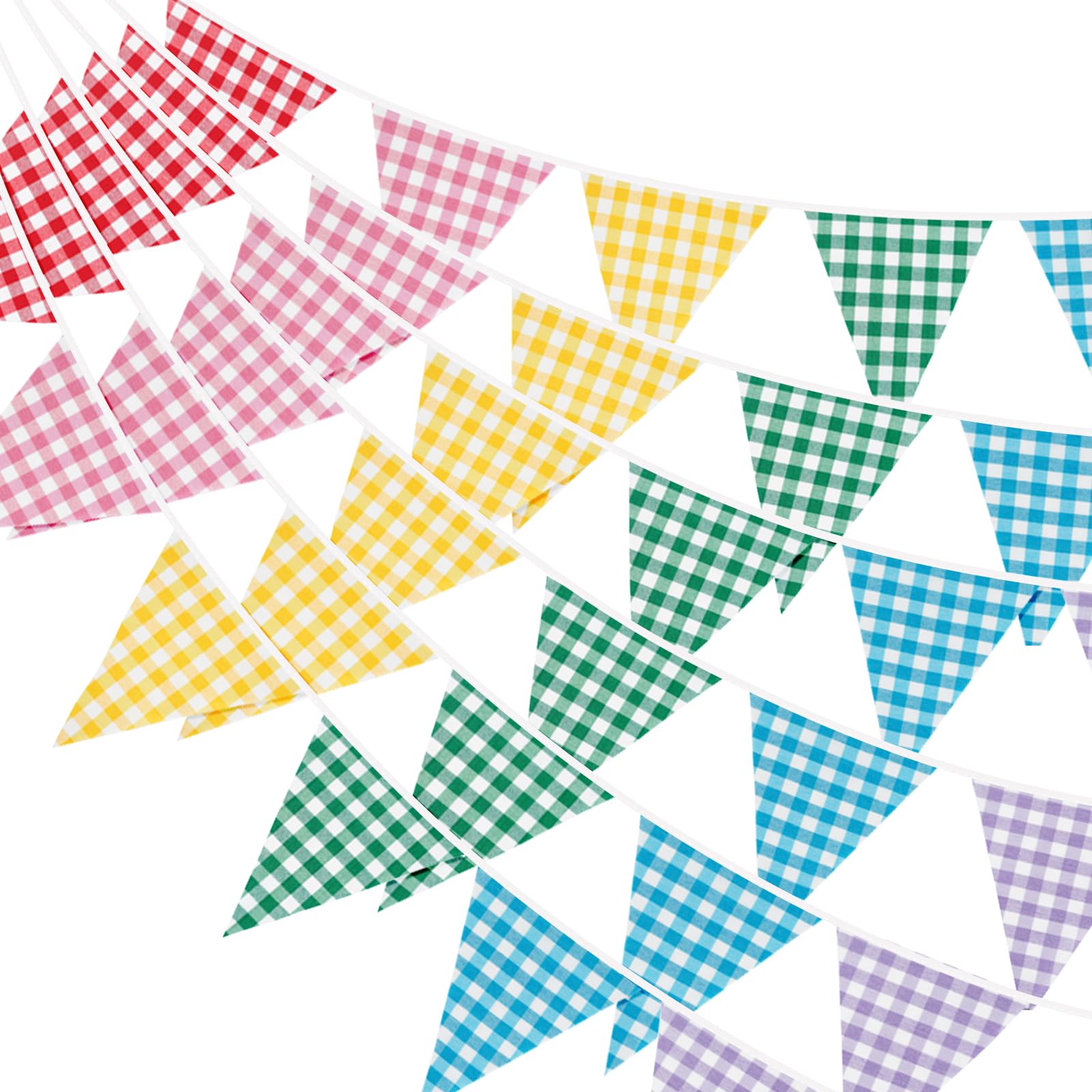 G2PLUS Fabric Gingham Bunting Banner: 10M Multicoloured Gingham Reusable Vintage Bunting, 36PCS Cotton Triangle Flag Garland for Garden Party, Birthday, Kids Party