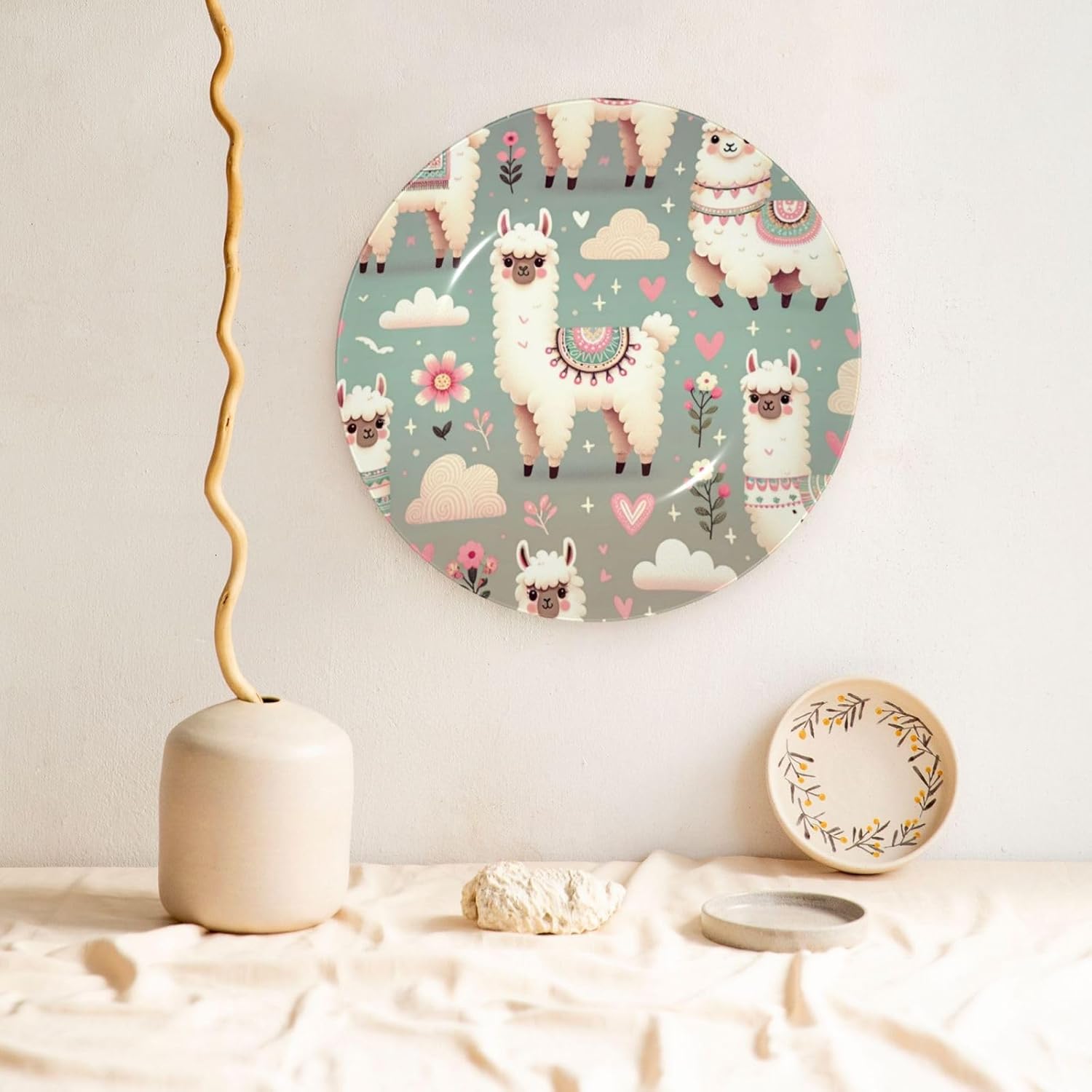 Floral-Alpaca-Llama 10 Inch Decorative Plate With Stand, Elegant Display Wall Plate For Home Decor