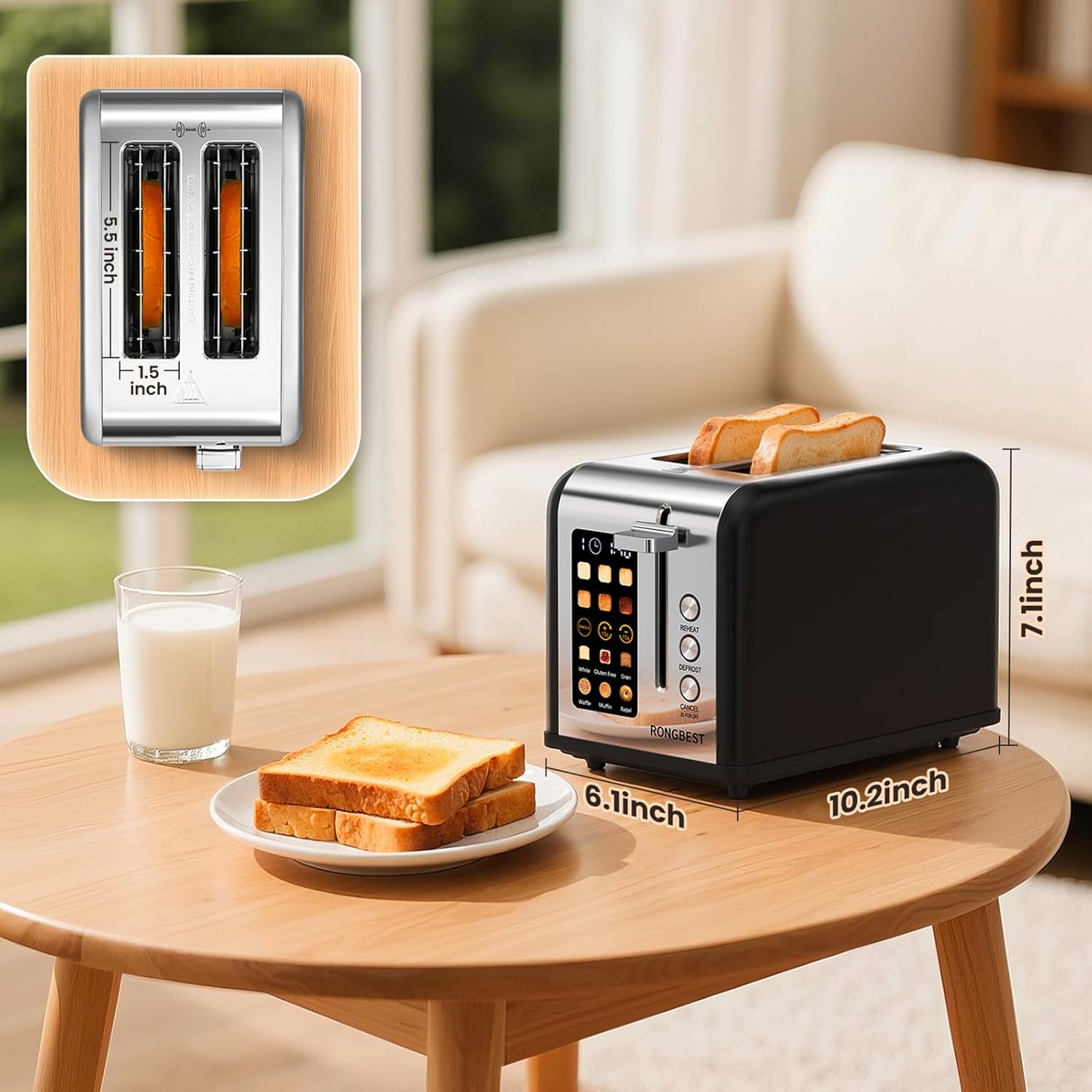 2 Slice Easy Touch Screen Toaster, Stainless Steel Toaster with Wide Slots, Even Toasting for Bagels & Bread, Reheat & Defrost, Removable Crumb Tray, Matt Black - Image 10