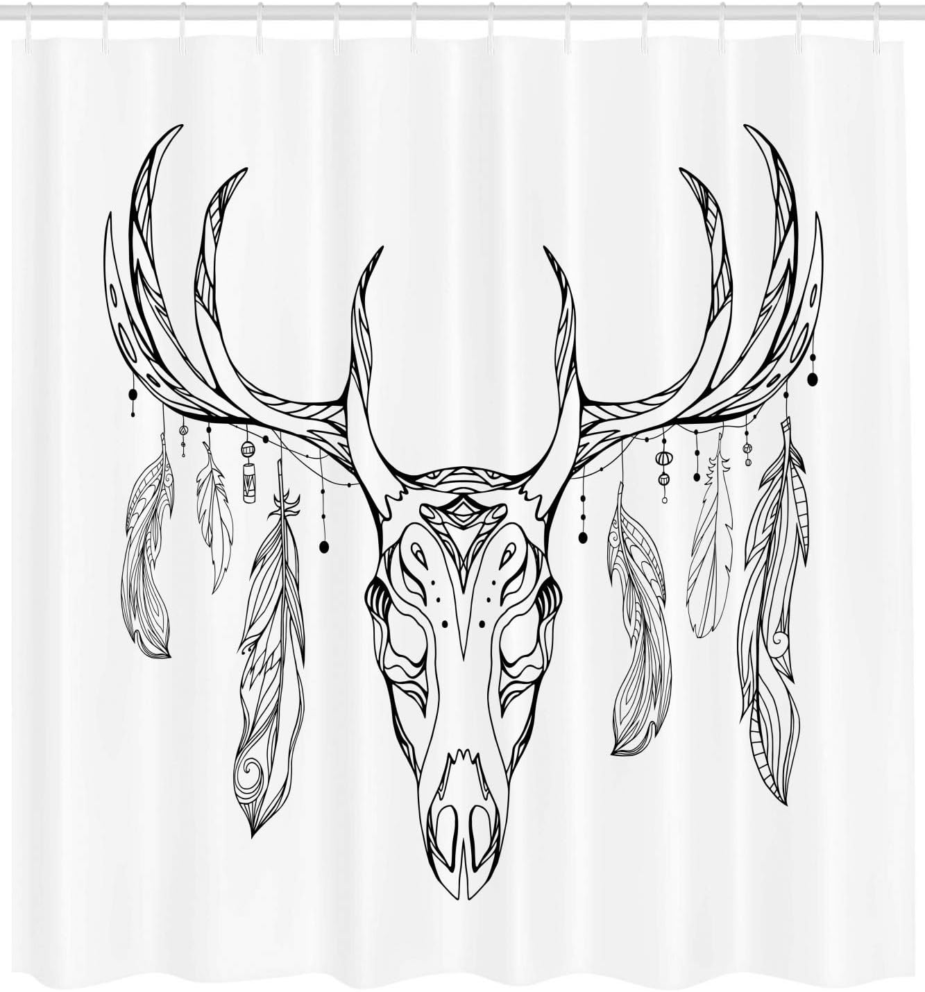 Ambesonne Antlers Shower Curtain, Illustration of a Deer Skull Bone and Feathers Boho Pattern Tribal, Cloth Fabric Bathroom Decor Set with Hooks, 69" W x 75" L, White Charcoal Off White