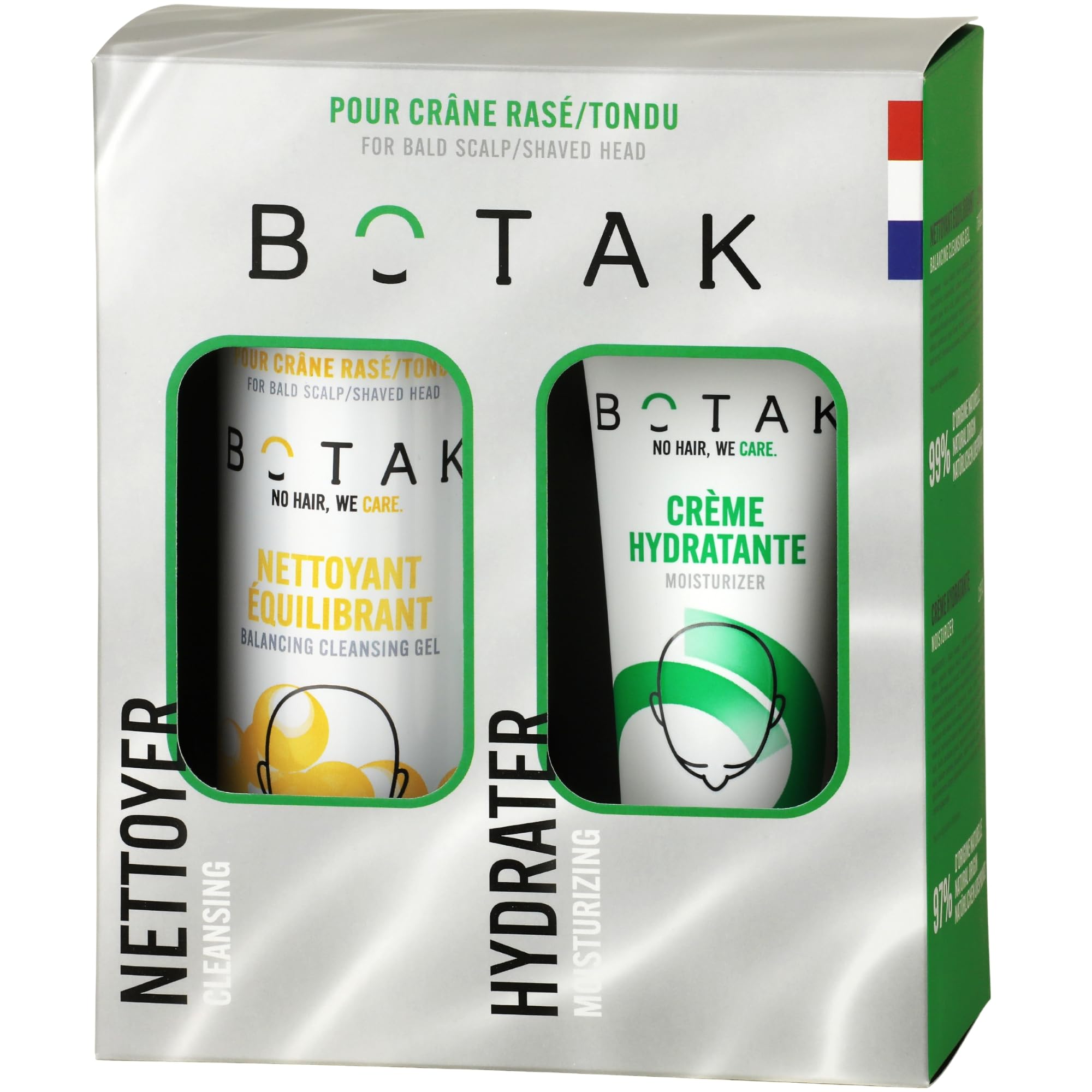BOTAK Cofanetto Regalo Routine Quotidiana Testa Rasata e Calva | Francese | Detergente equilibrante 99% e Crema Idratante 97% di origine naturale, Vegan, Regalo ideale per Uomo e Papà
