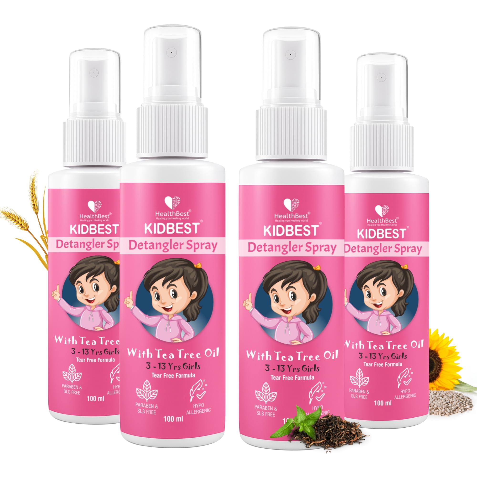 HealthBest Detangler Spray for Kids with Tea Tree Oil 100ml (Pack of 4) | Soft & Shiny Hair | Easy Comb Through, Tangle-Free Hair, Suitable for Curly, Wavy and Straight Hair, Tear, Paraben, SLS Free