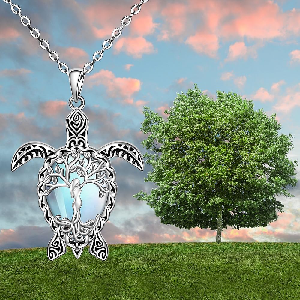 Fenthring Turtle Necklace for Women Moonstone Tree of Life Sea Turtle Necklace Mom Turtles Pendant Jewelry Sterling Silver Birthday Mothers Day Gifts - Image 4