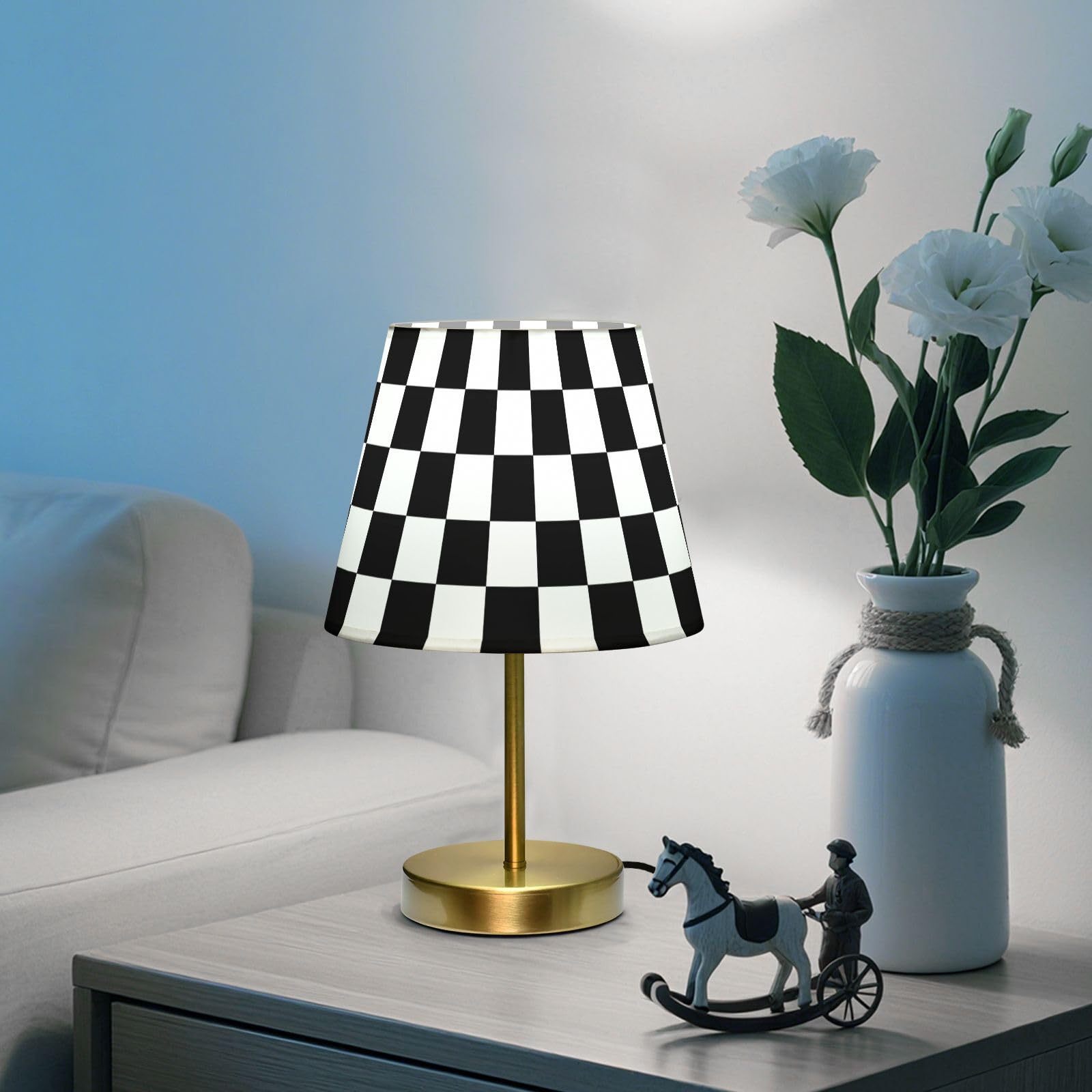 ALAZA Tischlampe für Schlafzimmer Nachttisch Schwarz Weiß Kariert Nachttischlampe mit USB-Anschluss Stoffschirm Dimmbar Schreibtischlampen Bronze Metallsockel Wohnzimmer