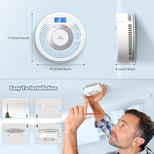 Miniatura 8 de Linsoal Paquete de 3 alarmas fotoeléctricas de humo y detector de monóxido de carbono con batería con pantalla digital (blanco)