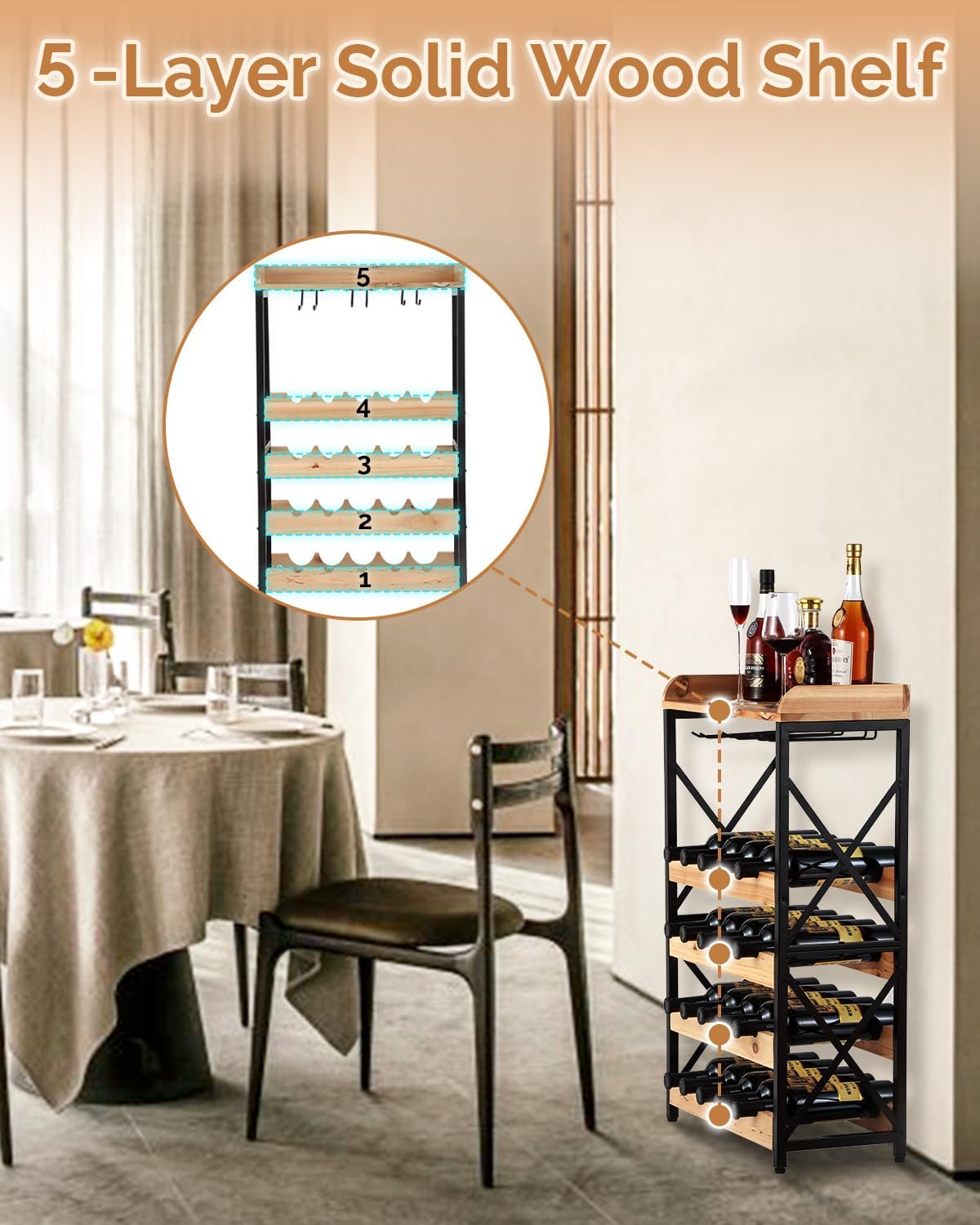 KATHY&BOB Morden Wood Wine Rack Freestanding Floor, 5-Tier Wine Storage Shelf with Wobble-Free Countertop, 20-Bottle Stackable Wine Glass Holder Rack for Home Bar Kitchen Dining Room (Wood, Small)
