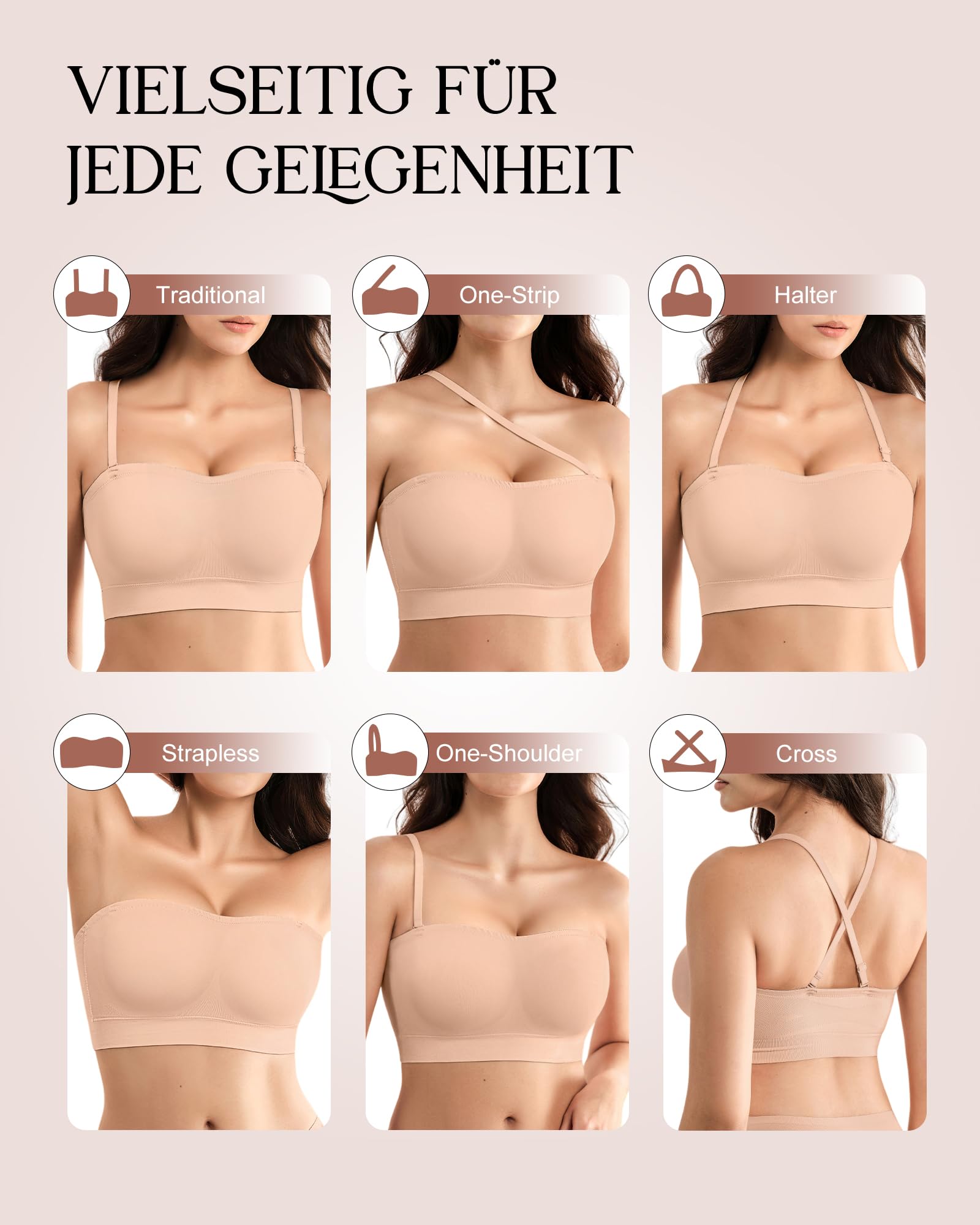 Trägerloser BH Damen ohne Bügel 2026 –BH ohne Träger Push Up Strapless Bra Nahtloser BHS Gepolsterter Bralette Bandeau BH mit Rutschfestem Silikon Bügelloser BH für Damen