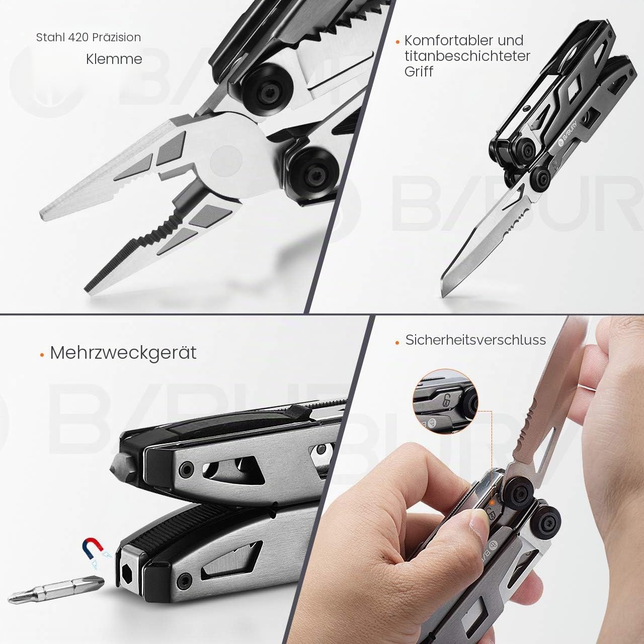 BIBURY 18 in 1 Multitool zang, Taschenwerkzeug, Titan-Griff Design Faltbares Multitools Edelstahl, Multiwerkzeug, Multifunktionale mit Schraubendreher Säge für Camping Reparieren, Geschenke für Männer
