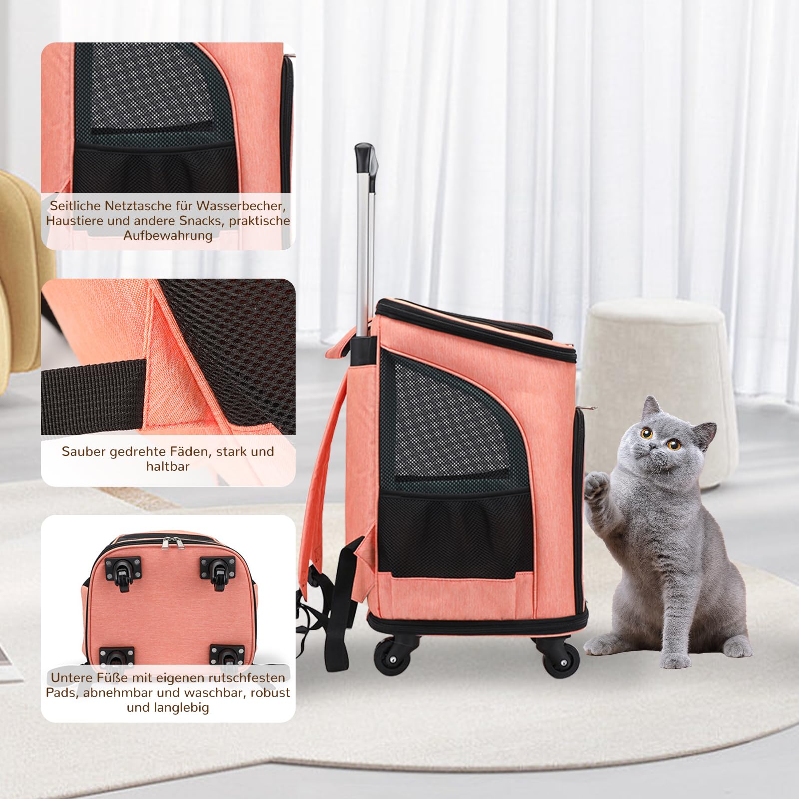Mochila para perros con ruedas, mochila para gatos con ruedas, para perros y gatos, hasta 10 kg, ligera, para cachorros, mascotas (naranja)
