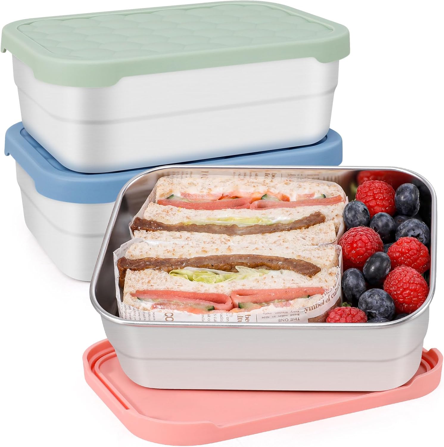 Caperci 25oz Stainless Steel Food Containers, 3-Pack Bento Lunch Box with Silicone Lids, Leak-Proof Reusable Meal Prep Container for Sandwiches & Snacks, BPA-Free (720ML)