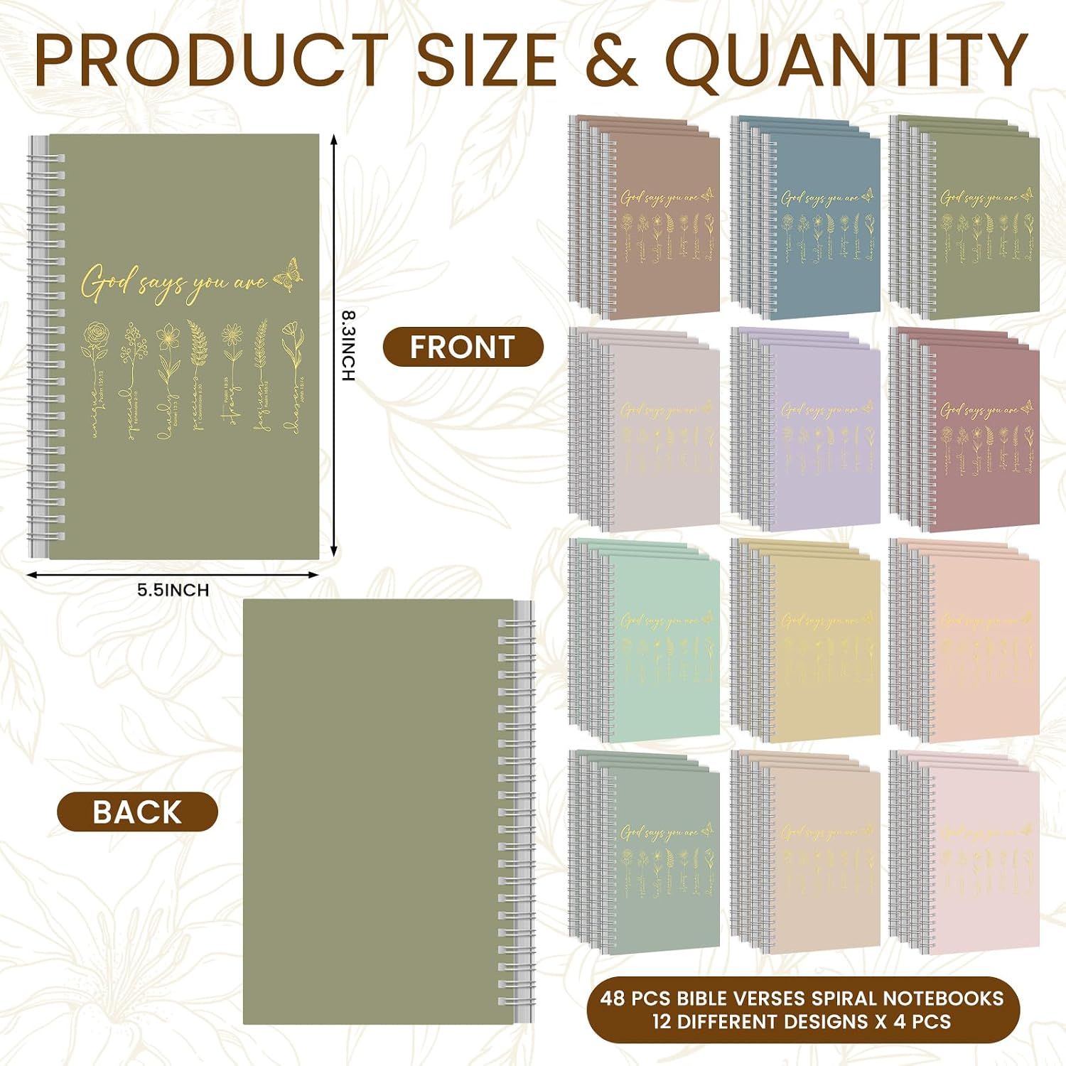 MotiMind 48 Pcs Floral Christian Spiral Notebook Set Christian Gifts for Women God Says You Are Bible Verse Inspirational Prayer Journal with Gold Foil Cover for Church 5.5" x 8.3" (Morandi)
