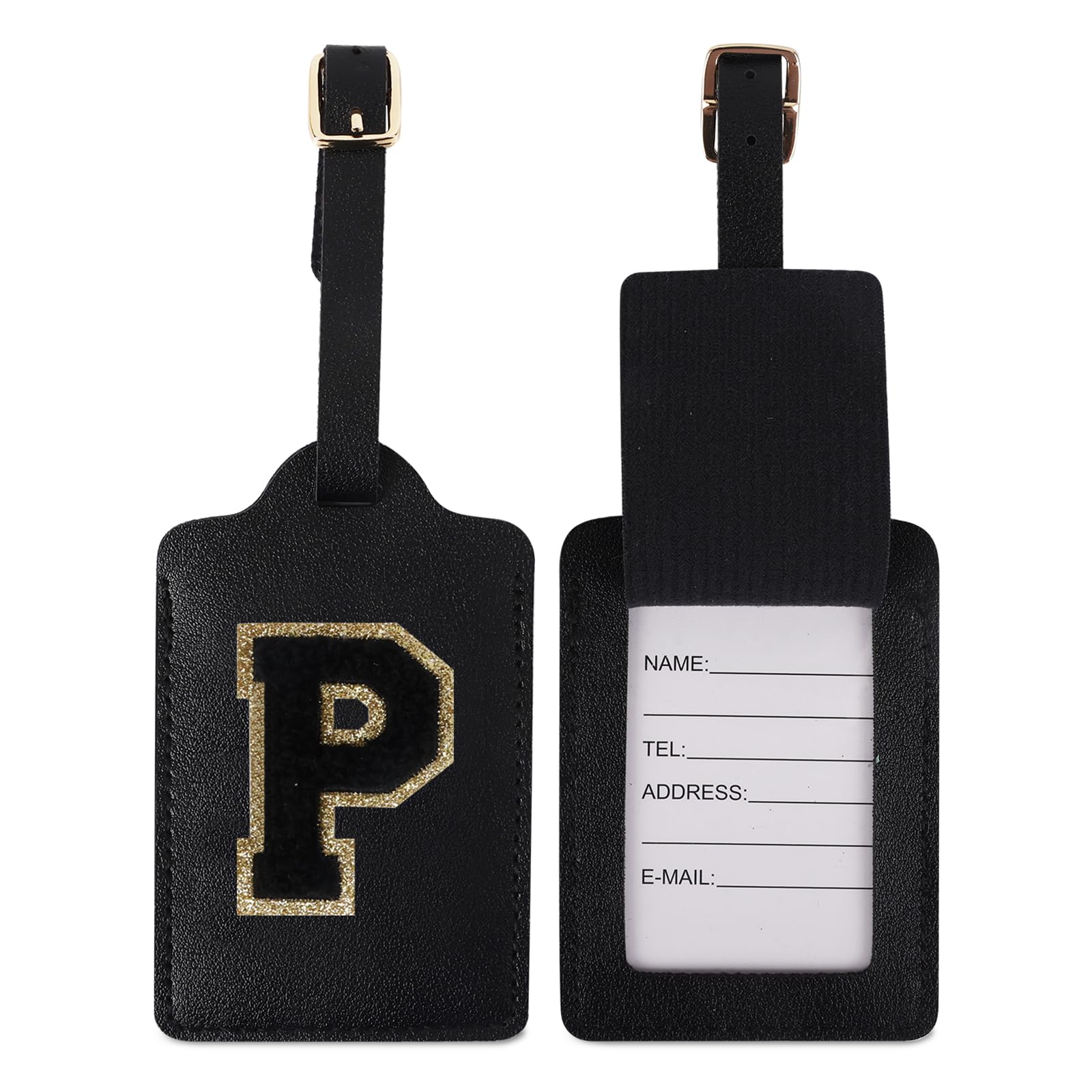 2PCS Initial Letter Luggage Tags for Suitcases, Personalized Letter Luggage Bag Suitcase Identifier Name Tag, Cute PU Leather Travel Luggage Tags, Bag Tags for Men Women Kids(2 Black-Black P)