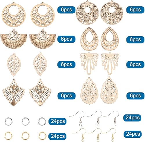 Miniatura 8 de Mega Pet 48 piezas de dijes de madera en blanco sin acabar, aretes huecos de Burlywood grandes, colgantes grandes de hojas y lágrimas, aretes