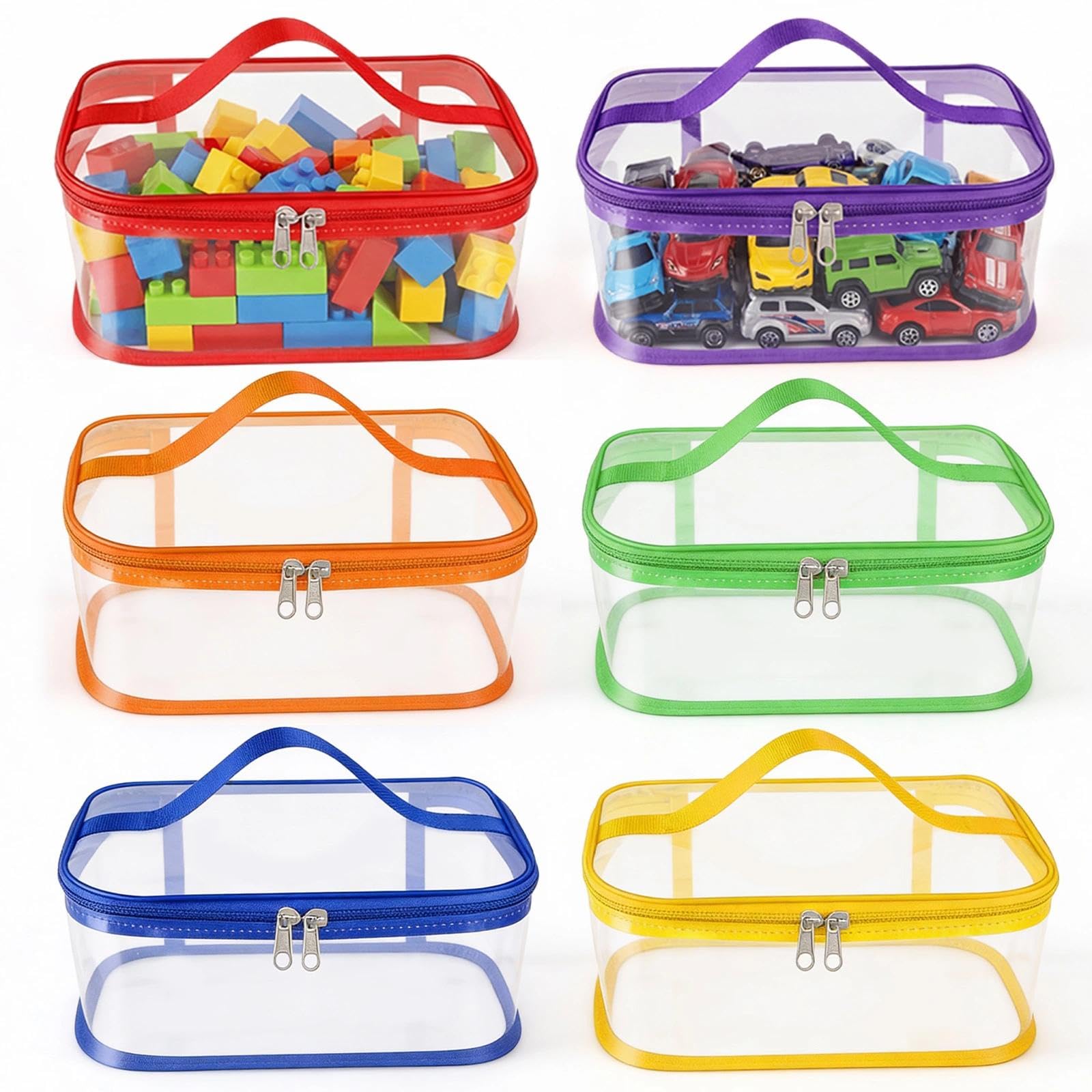 Eulihent 6 Pcs PVC Toy Storage Bags with Handles for Kids 9.1x6.7x3.9 Inch Travel Toiletry Bags Waterproof Toy Storage Organizer Pouch with Zipper for Building Blocks Puzzle (B)
