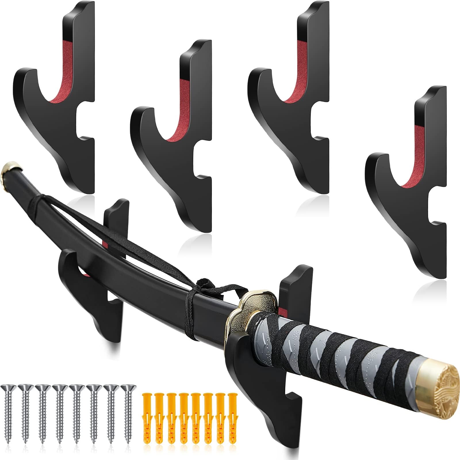 Yookeer 4 Pcs Sword Holder Wall Mount Adjustable Sword Display Wall Mount Hanger for Christmas Samurai Sword Tanto Rapier Light Cosplay Gifts Weapon Rack(Wood, Flannel,Black, Red)