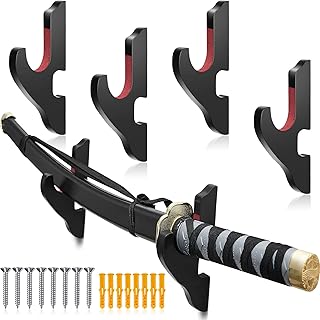 Yookeer 4 Pieces Sword Wall Mount Adjustable Sword Holder Wood Martial Arts Weapons Stand Samurai Sword Weapon Wall Mount Wooden Sword Hangers with Nails (Black, Red,Wood, Flannel)