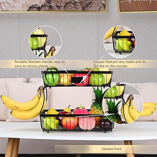 Miniatura 6 de Cesta de frutas de 2 niveles desmontable con 2 ganchos para plátanos, soporte de frutas para encimera de cocina, organizador de almacenamiento de