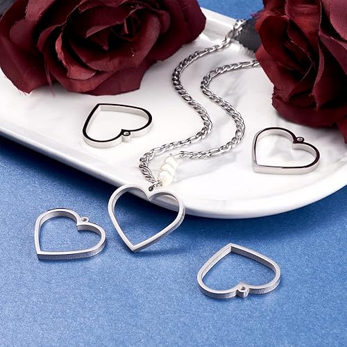Miniatura 7 de Cheriswelry Colgantes de bisel abierto de acero inoxidable 304 con forma de corazón hueco, con marco de corazón hueco, dijes de flores prensadas de