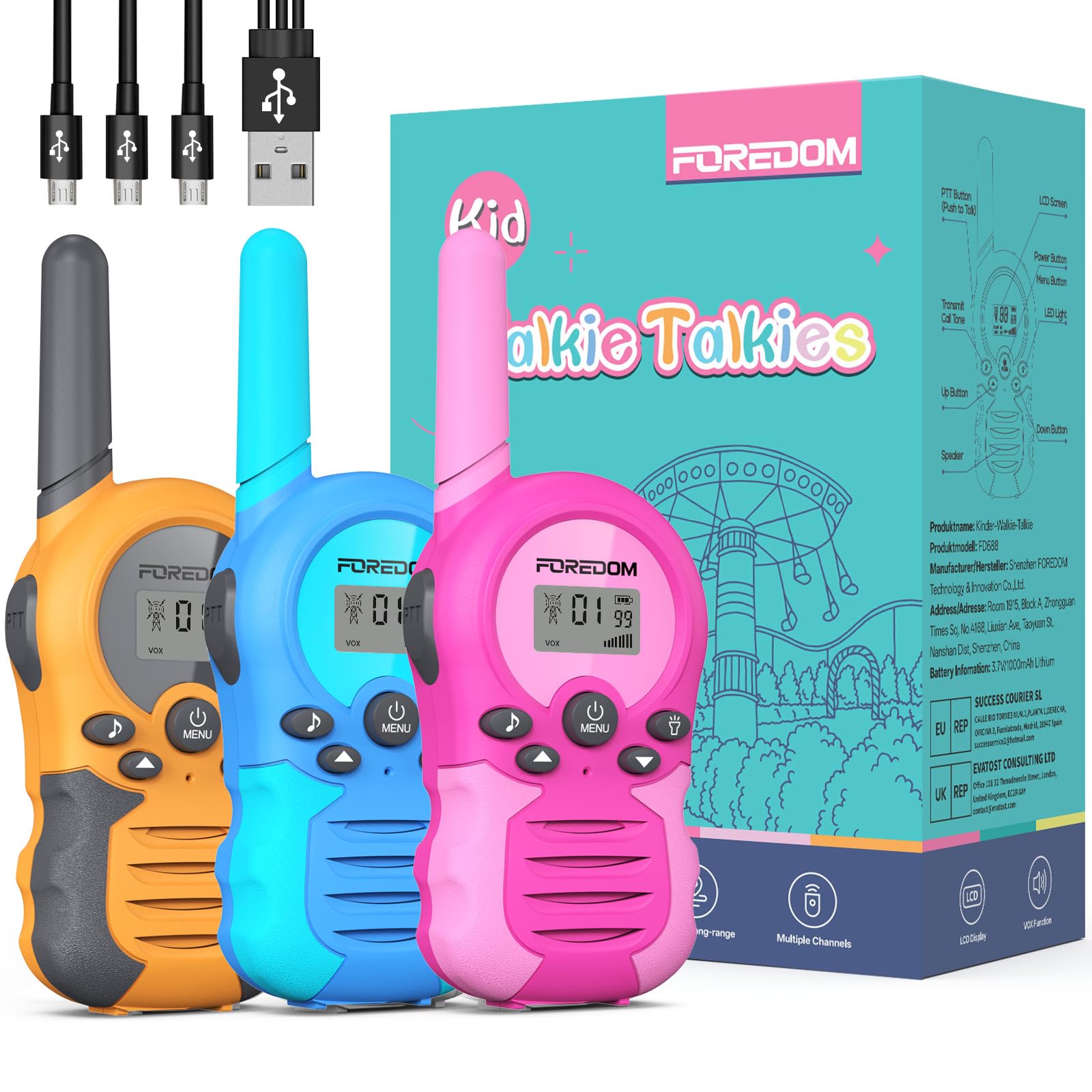 FOREDOM Walkie Talkie Ricaricabili per Bambini con Lunga Portata per Ragazzi e Ragazze da 3 a 12 Anni Regalo di Compleanno – Confezione da 3
