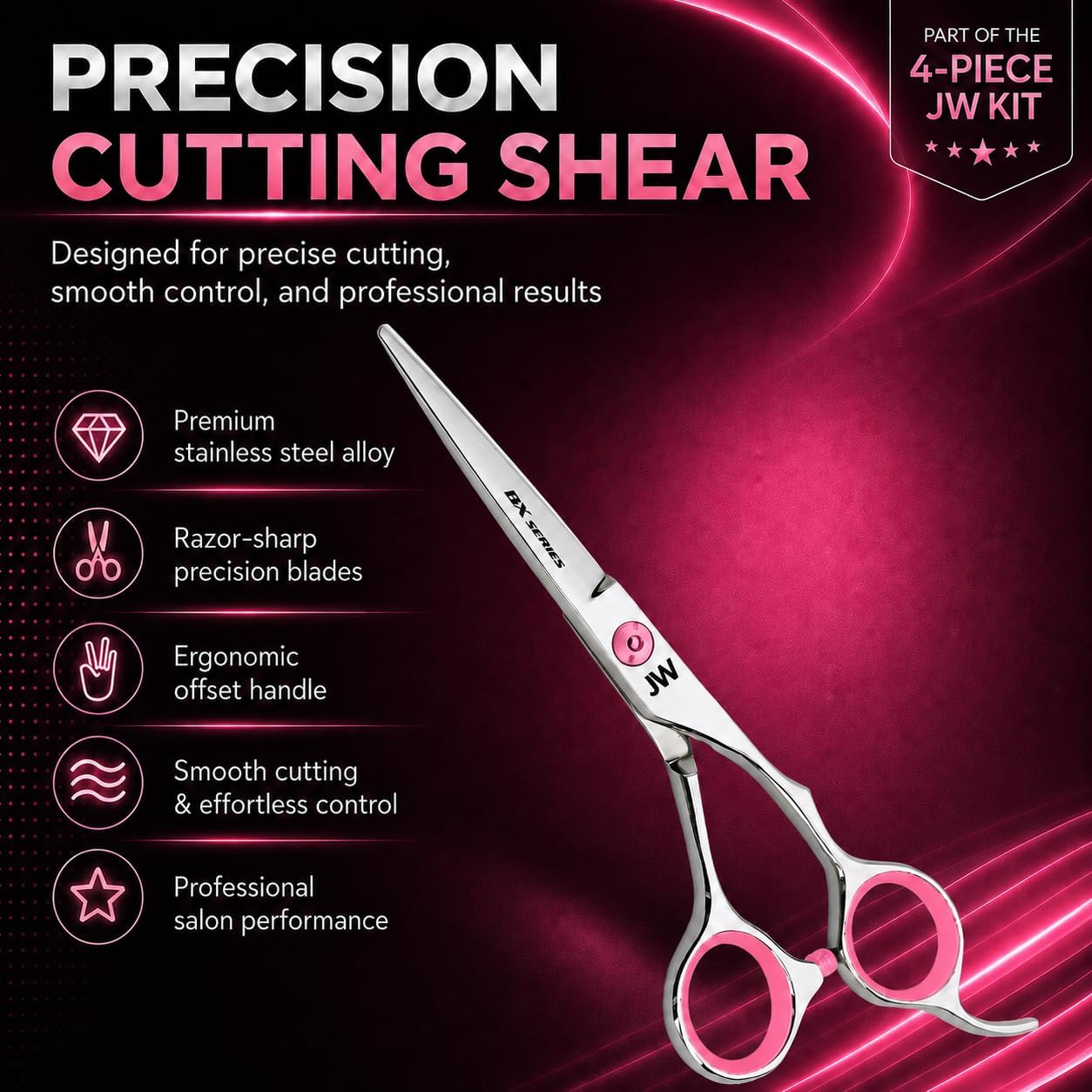 JW Shears Professional Hairdressing Shear, Thinner, Razor and Case Set (5.75" Silver/Pink)