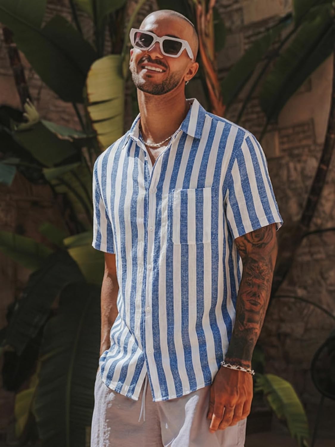 Runcati Mens Striped Button Down Shirts Casual Short Sleeve Linen Shirt Summer Beach Vacation Tops - Image 3