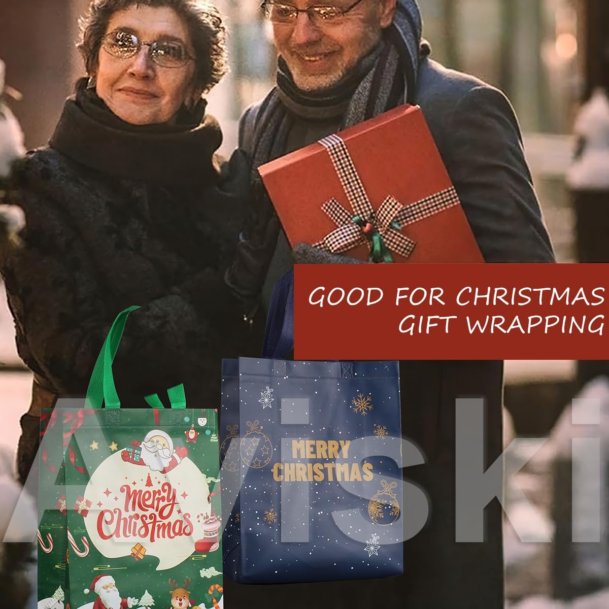 Aviski 8PCS Christmas Tote Treat Non-Woven Gift Bags with Handles for Gifts Wrapping Shopping, Xmas Party Supplies, 12.2×9.8×4.53inch