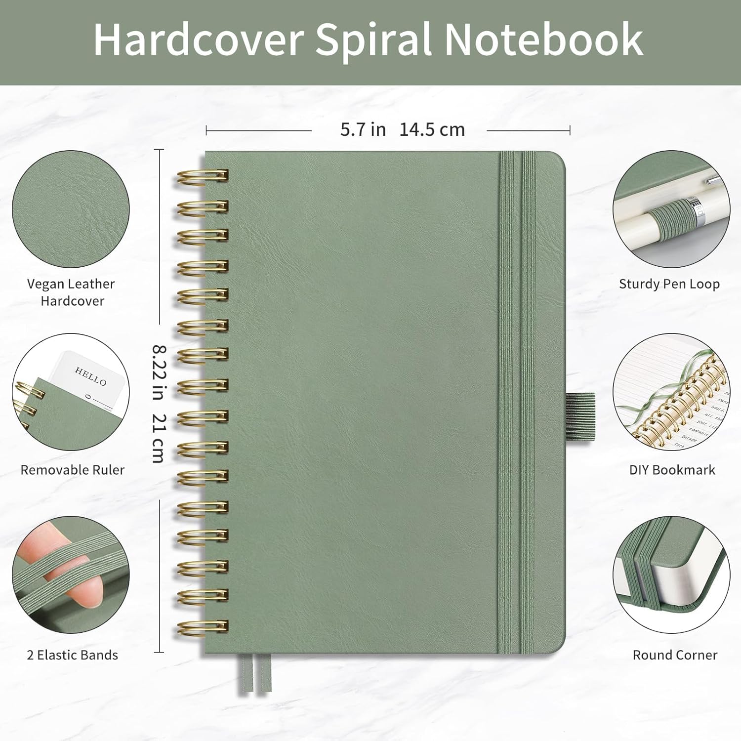 EMSHOI Spiral Notebook College Ruled, 300 Numbered Pages A5 Leather Hardcover Lined Journal with Ruler, PVC Pocket, Pen Holder & Bookmark, for Women Men Work School Writing, 5.7"x8.22", Light Green - Image 2
