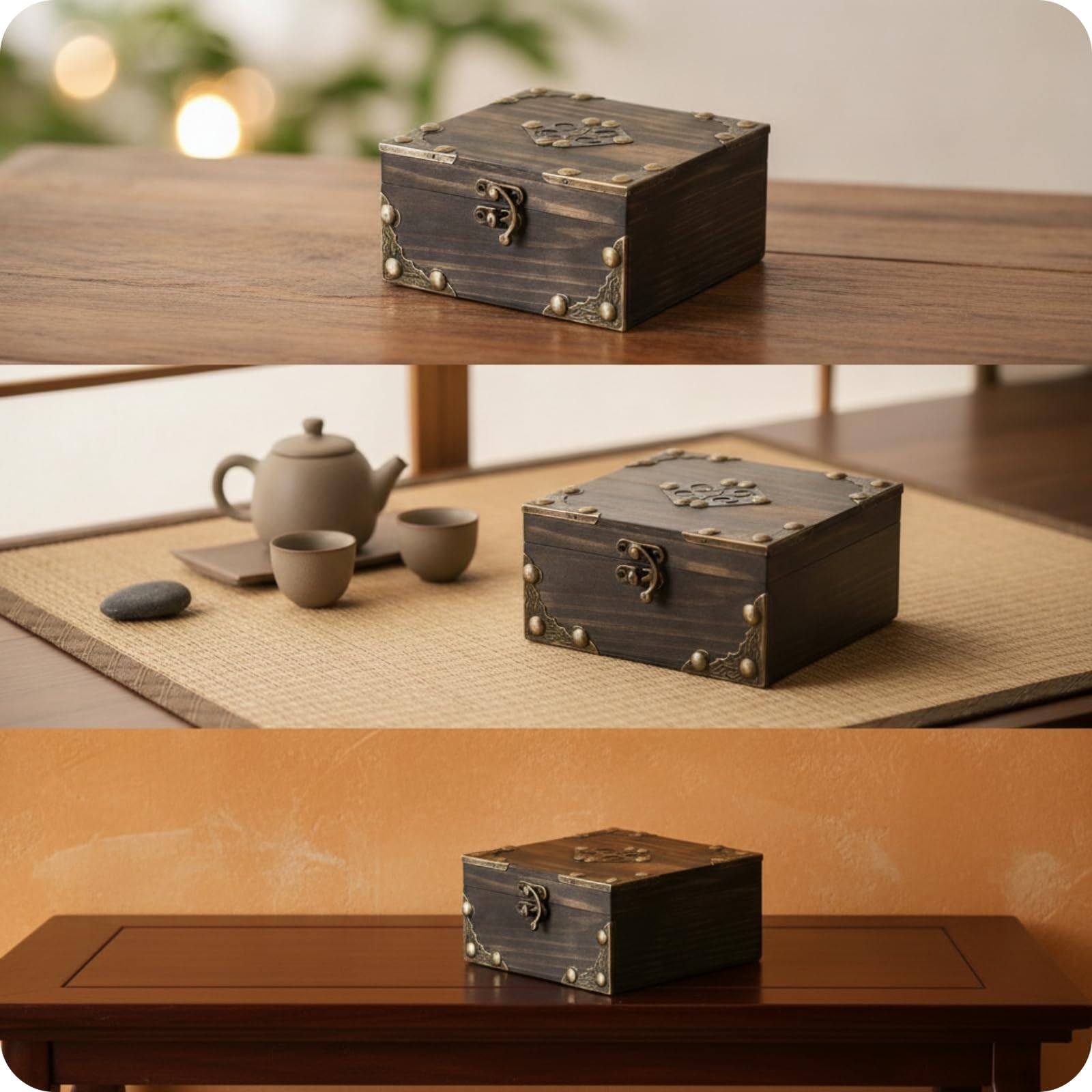 Amazon.co.jp: rockible 木製収納箱 装飾金具付き木箱 フタ付き木箱