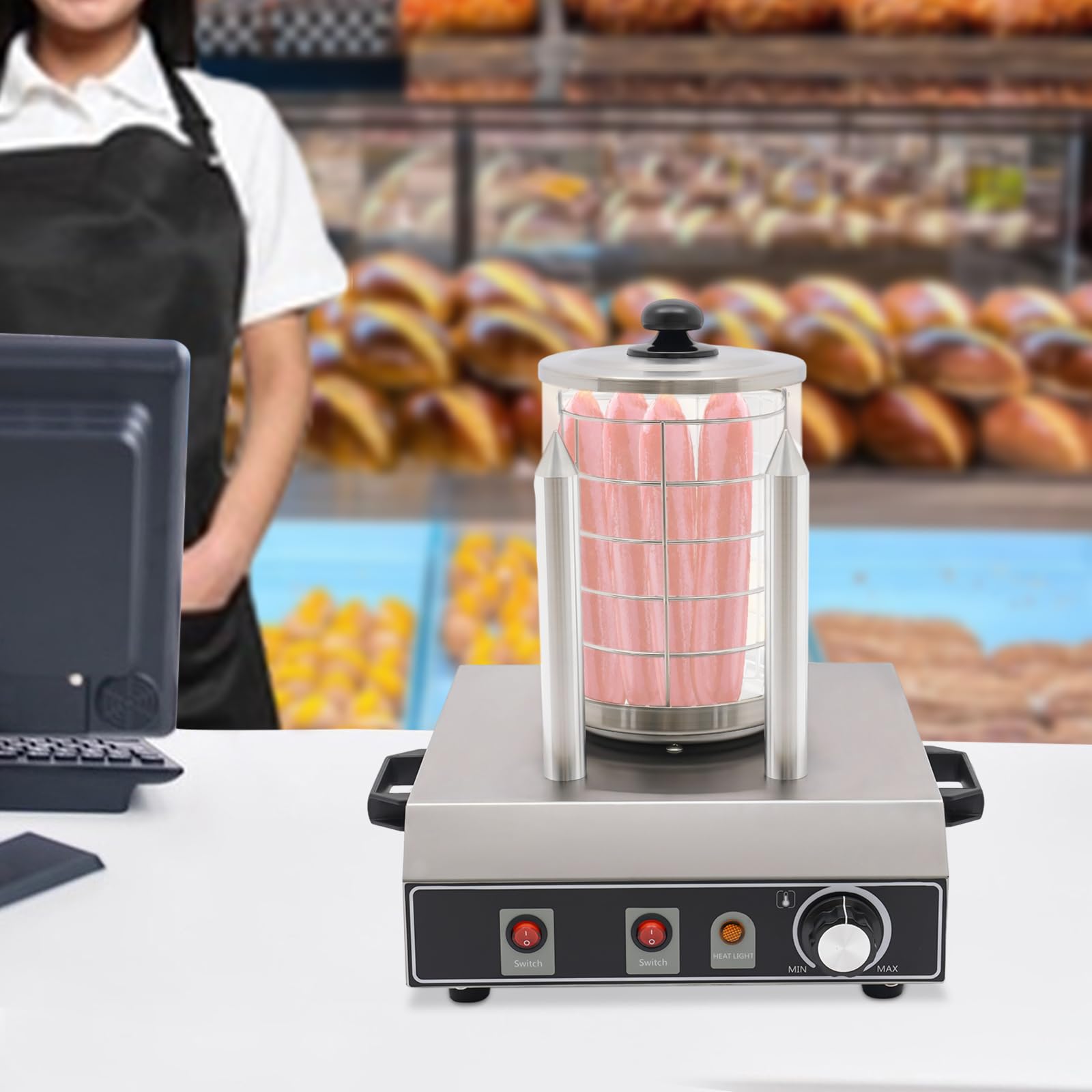Hot Dog pojemnik na parę, 422 W, z 2 podgrzewanymi szpikulcami, podgrzewacz kiełbasek, podgrzewacz kiełbasek do restauracji, dań na przekąski, wózek z przekąskami