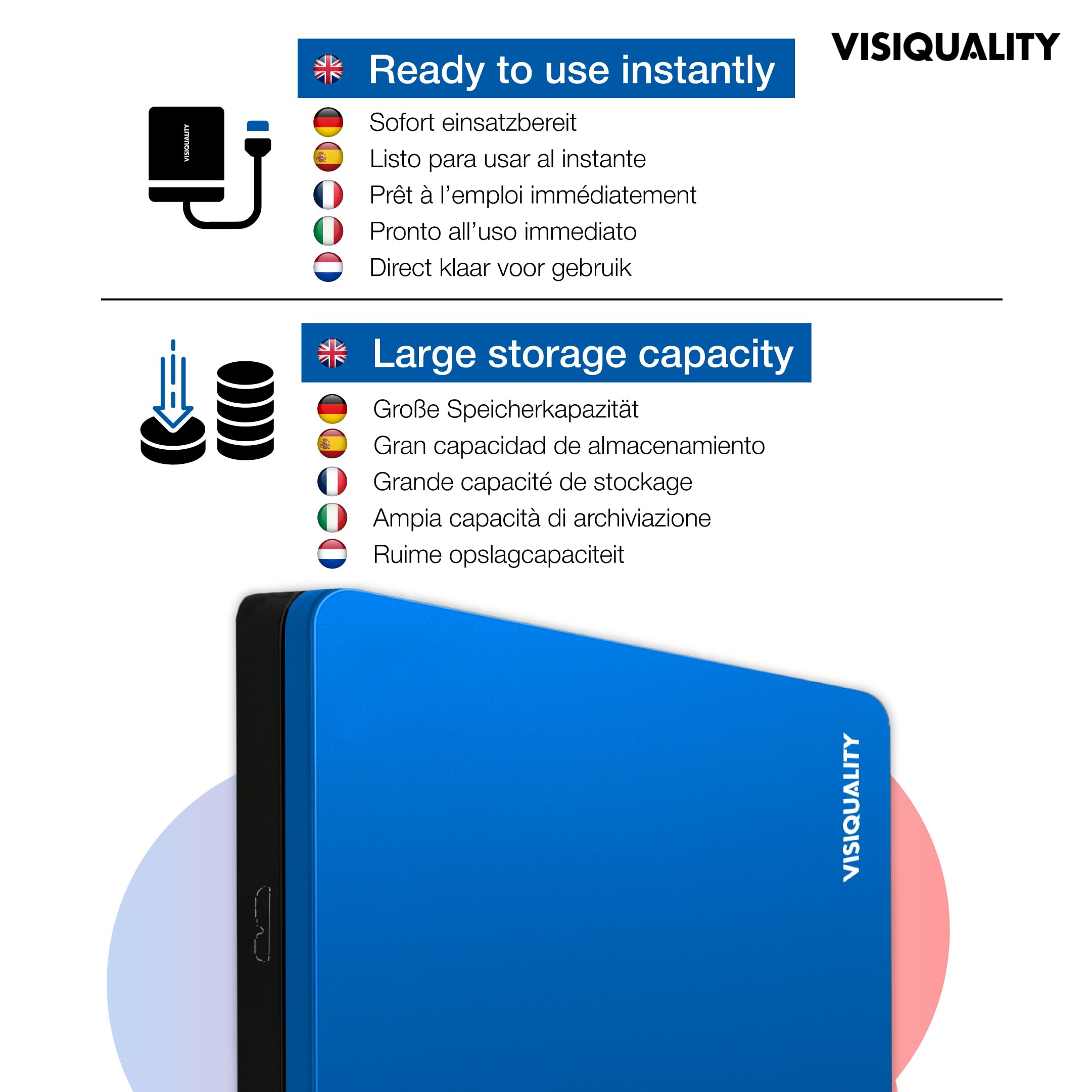 Hard disk esterno ad alta velocità, 1 TB, USB 3.0, compatibile con Windows e Mac, Plug and Play, per PS4 e Xbox, compatto, disponibile in 3 colori (blu)