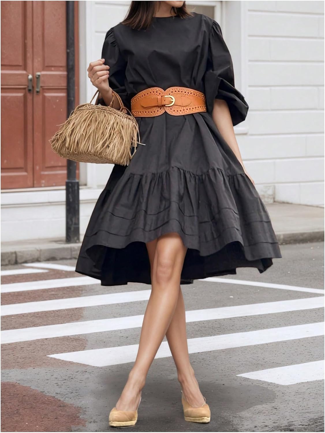 GORGLITTER Women's Puff Sleeve Peplum Dress Ruffle Tiered High Low Crewneck A Line Babydoll Short Dresses Spring Clothes 2026 - Image 3