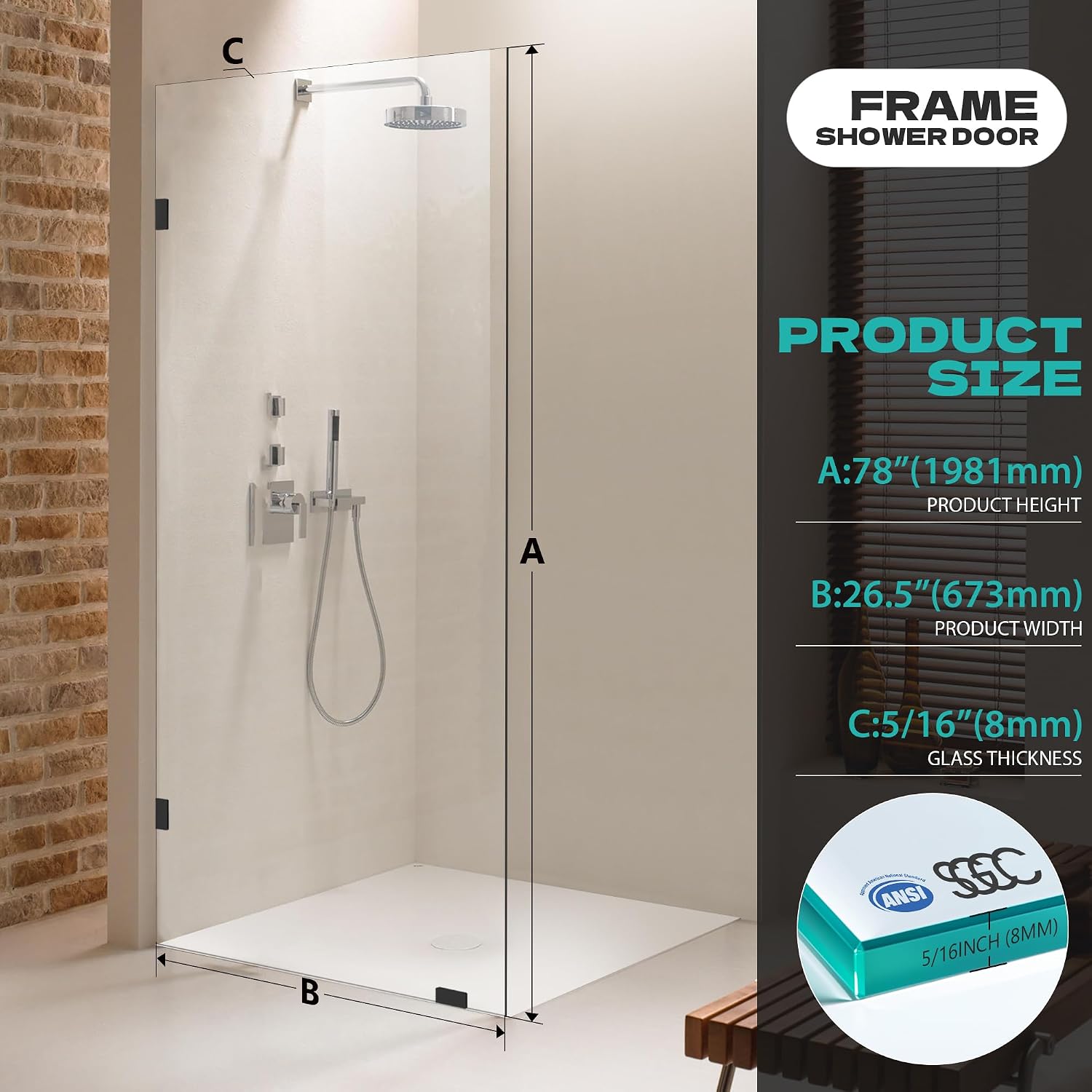 26.5 W*78 H Inch, Bathroom Frameless Fixed Shower Glass Panel Door, 5/16"(8mm) Thick Clear Tempered Glass Door with 3PCS Matte Black Clamps