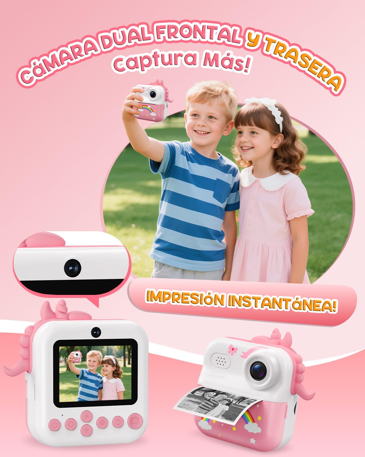 ElecMoga Camara Fotos Infantil Instantanea, 2.4'' HD 1080P Camara Digital para Niños con Tarjeta 32 GB y Papel Fotográfico, Zoom 16x Cámara Instantánea Color, Regalos Juguete para Niños de 3 a 12 Años