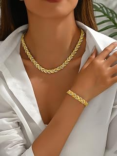 Generic Rose Gold Leaf Chain Necklace and Bracelet Set for Women,Rhinestone Link Jewelry Set,Elegant Statement Choker & Bracelet,Adjustable Sparkly Fashion Set for Party,Wedding,Daily Wear