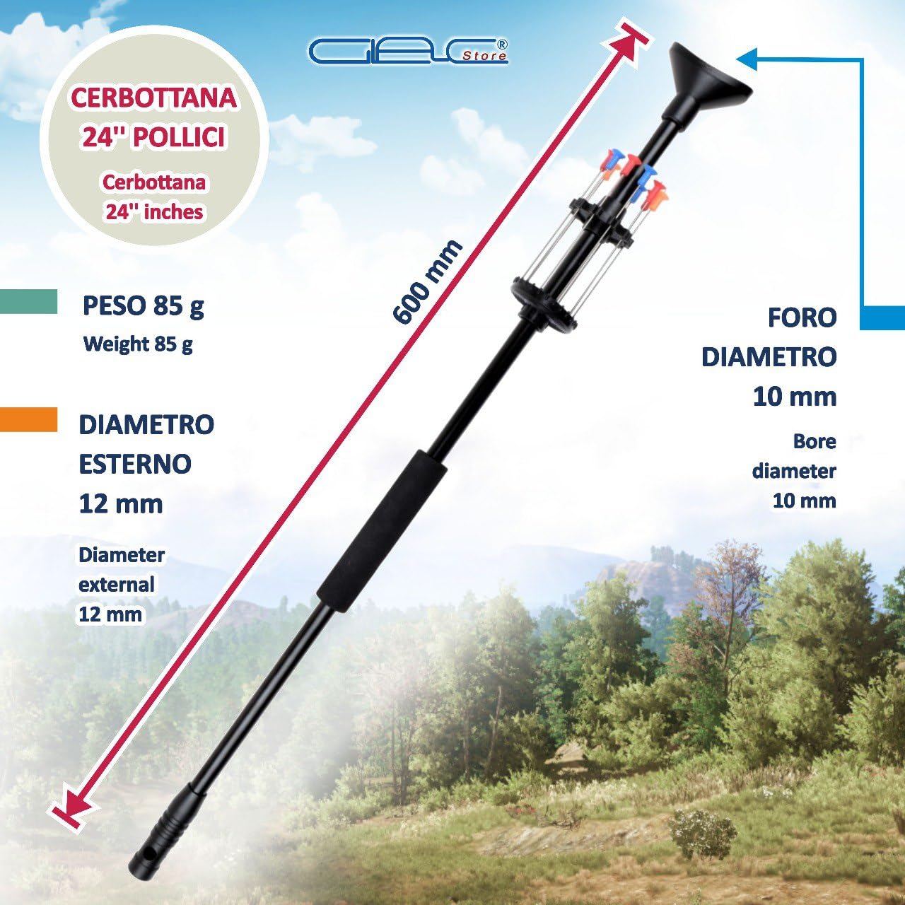 Cerbottana Professionale Sportiva 30" 24” 18” 12” Pollici in Alluminio Resistente e Resina, Leggera, con Porta dardi e 10 dardi Inclusi