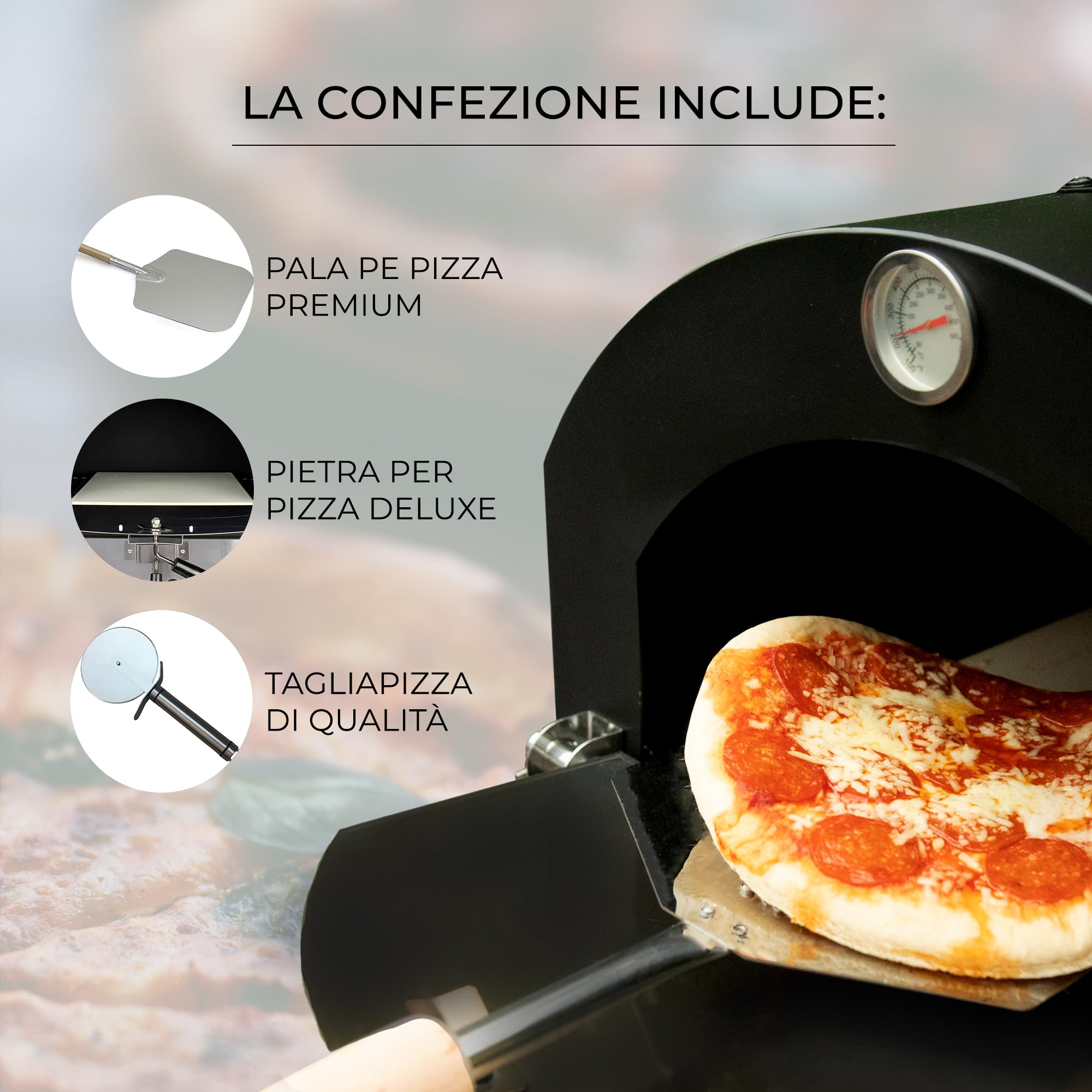 KuKoo - Forno Multifunzione a Carbonella per Pizza da Esterni Giardino Vialetto e Balcone Carne e Pesce in Acciaio Con Pala per Pizza e Cutter
