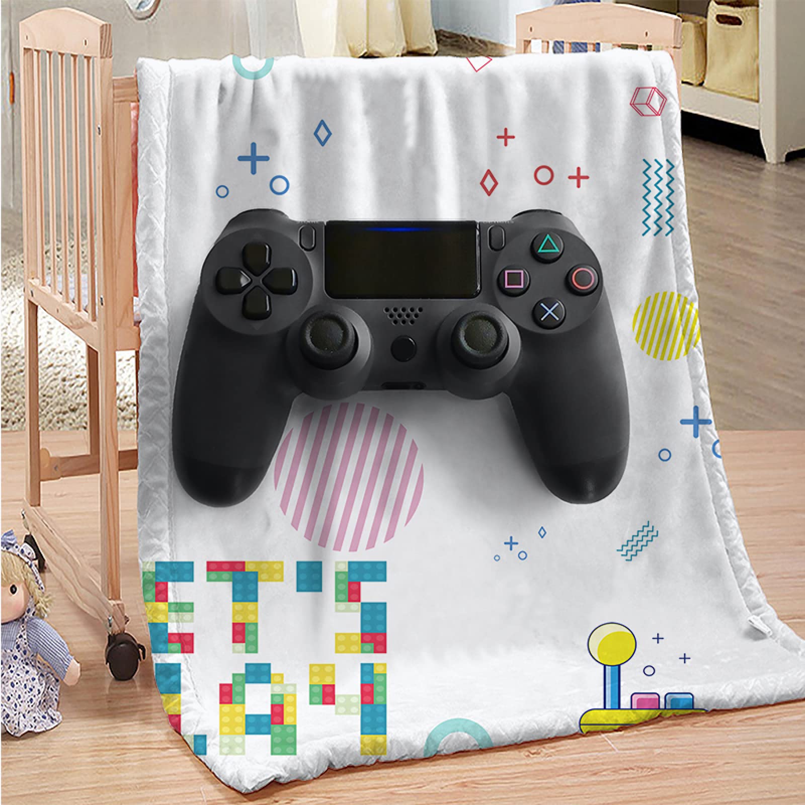 Couverture polaire 100x130 blanche à motif manette pour enfant et adulte