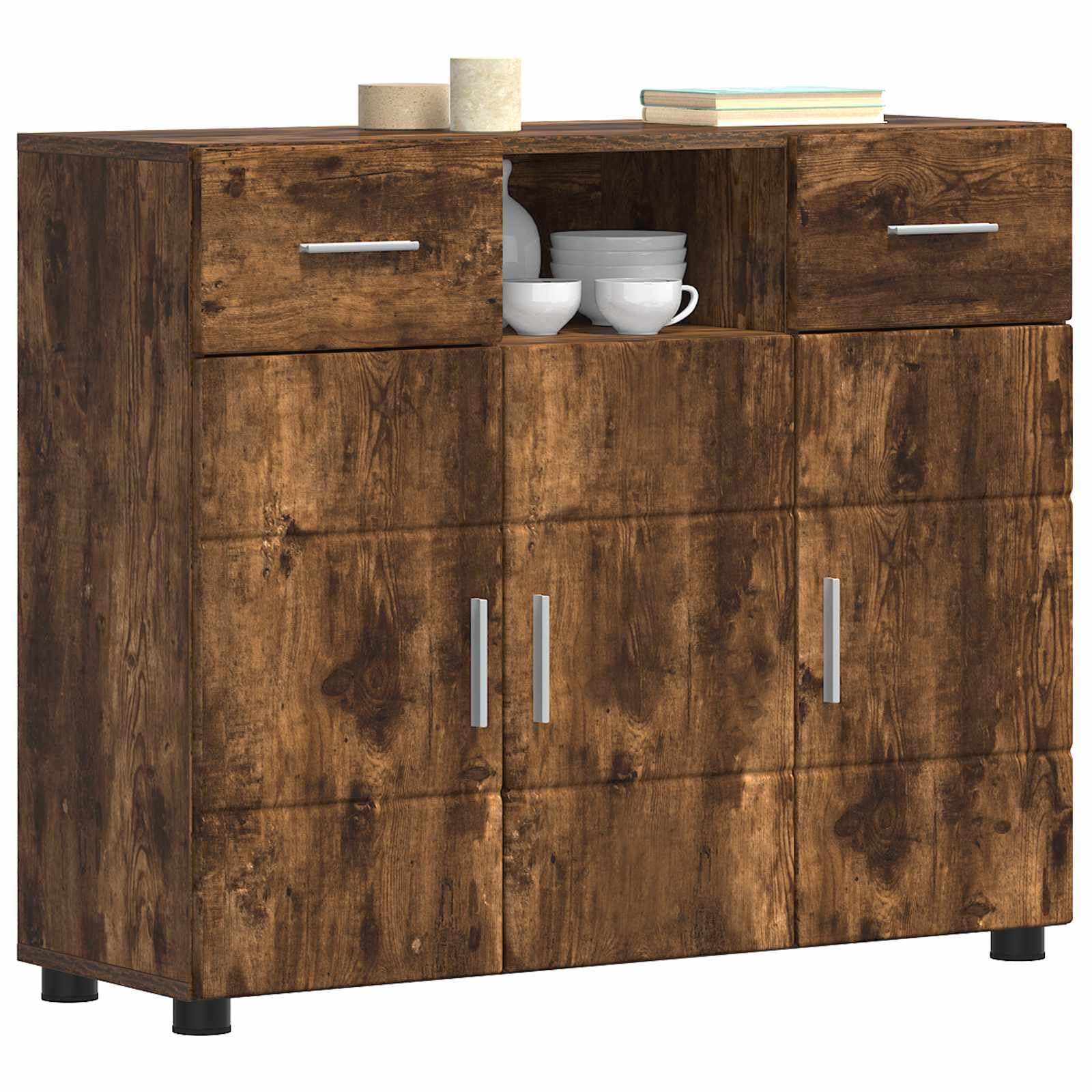 Armadio in legno di rovere affumicato con 3 ante, 2 cassetti, 3 ripiani, opaco, rettangolare, ideale per soggiorno, casa, ufficio, set di mobili moderni