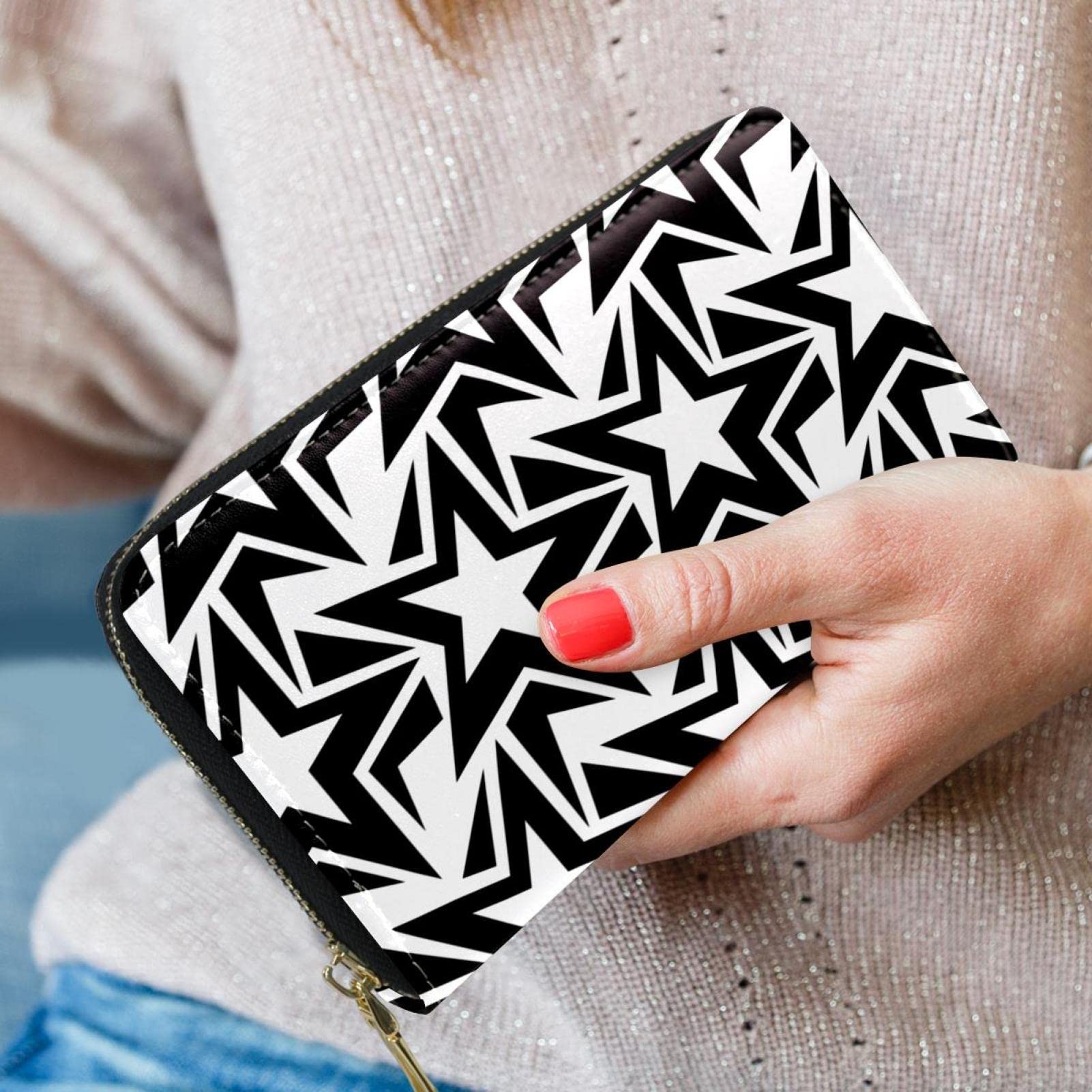 Cartera de cuero con cremallera larga abstracta negra y blanca con patrón de estrellas, Varios colores, 20.5x2.5x11.5cm/8.07x1x4.53 in, Classic