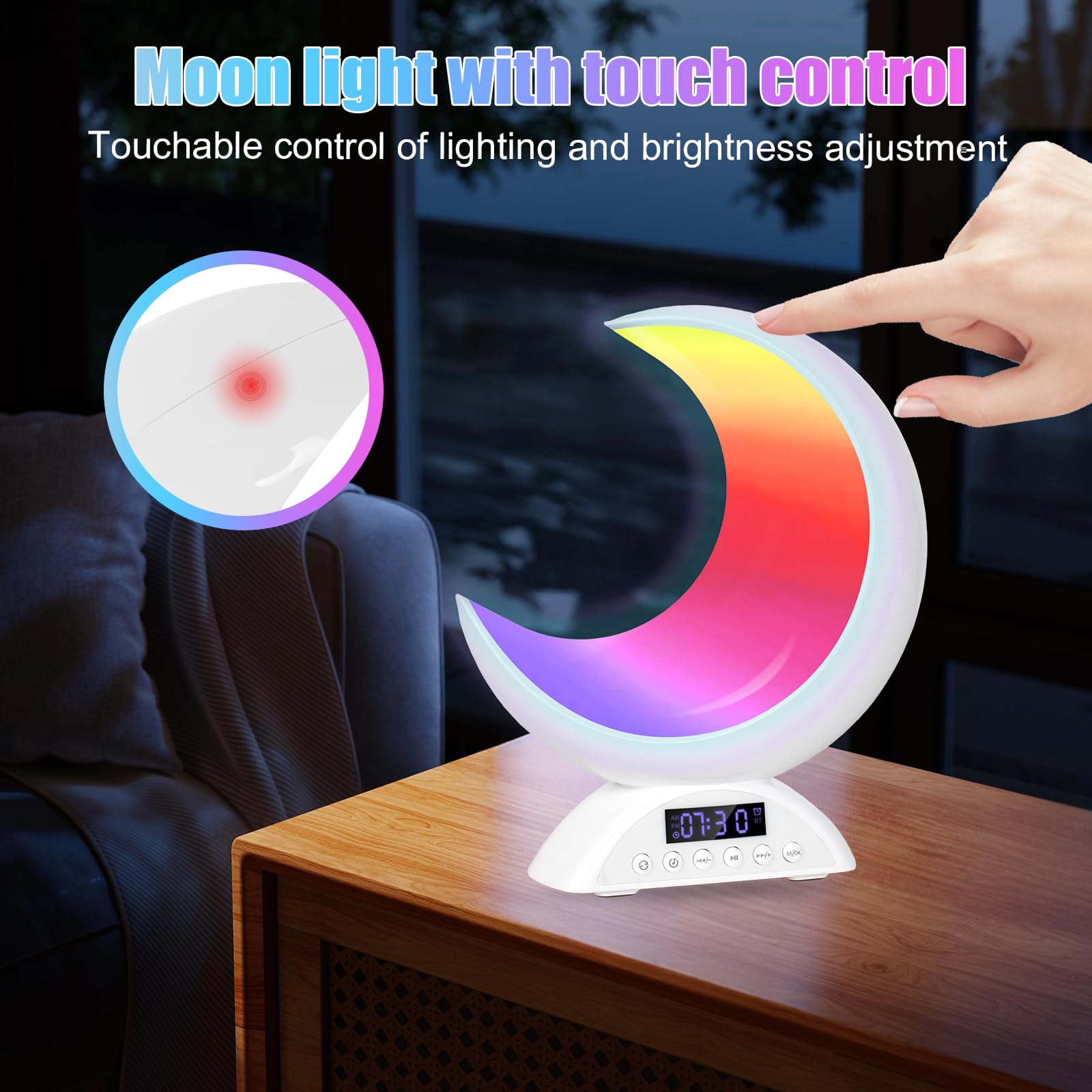 Lampada da Comodino a Forma di Luna, Luce Notturna con Altoparlante, Sveglia da Comodino Musicale, 20 Colori di Luce, USB Lampada Notturna Dimmerabile per Cameretta, Soggiorno