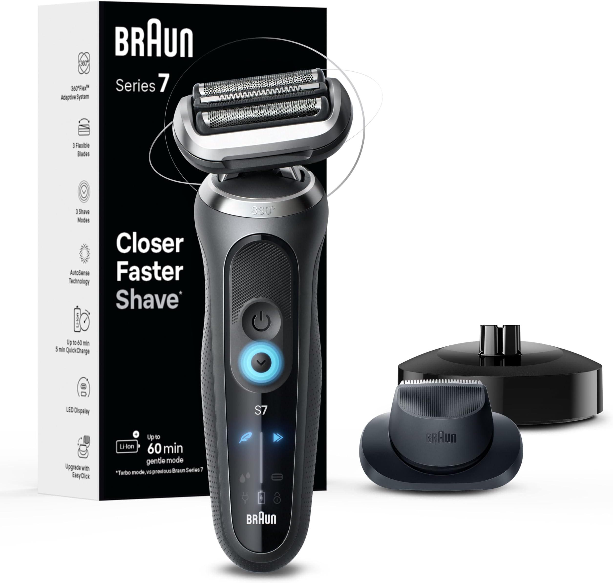 Electric Shaver for Men, Series 7 7127cs, Wet & Dry Shave, Turbo & Gentle Shaving Modes, Waterproof Foil Shaver, Engineered in Germany, with Beard Trimmer, Charging Stand, Space Grey