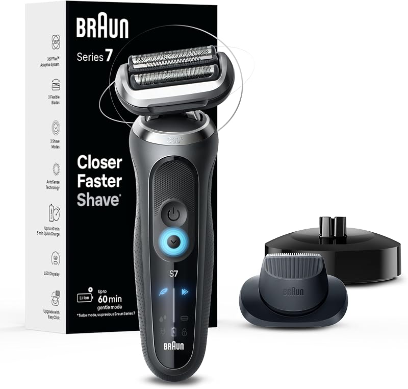 Barbeador Elétrico Braun Series 7 Masculino Wet & Dry com Tela, Acessório Aparador de Precisão, Base de Carregamento e Estojo de Viagem Space Grey 7127cs
